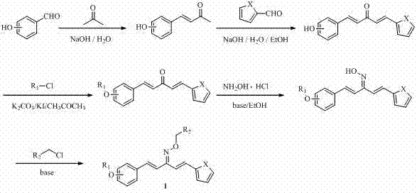 Heterocyclic 1,4-pentadiene-3-ketoxime compound as well as preparation method and application thereof