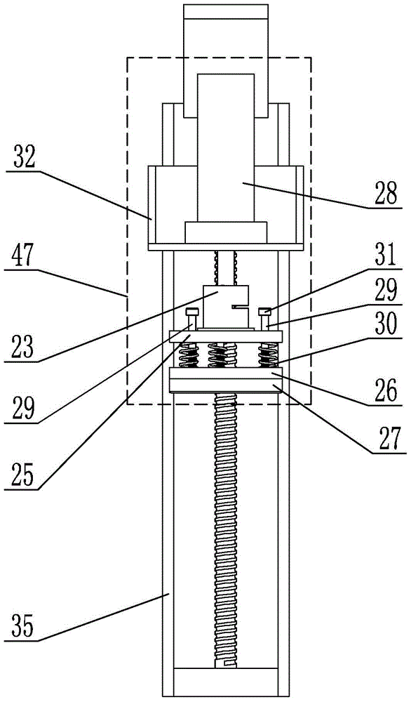 A four-axis linkage assembly device in a fully automatic assembly system for cabinet adjustment feet