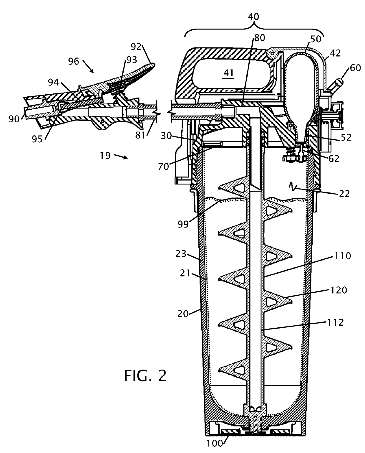 Fire extinguisher with internal mixing and external gas cartridge