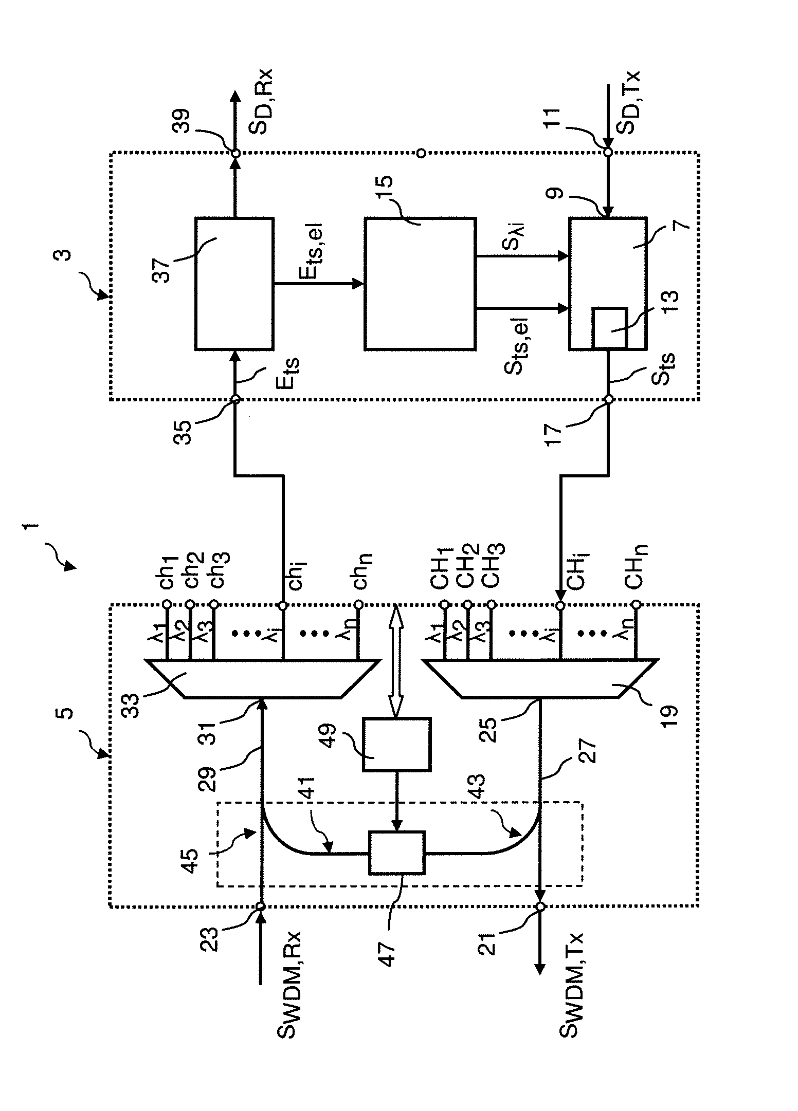 Optical WDM transmitting and receiving device and optical transceiver unit for this device
