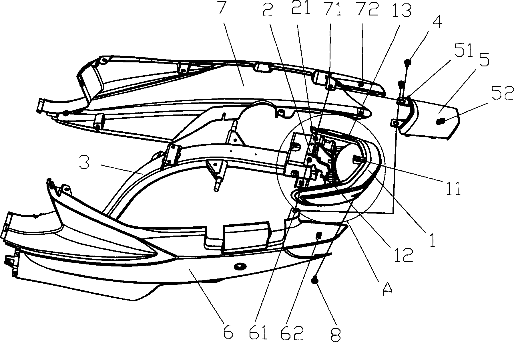 Bending beam type motorcycle frame and the fixing mounting structure of its fittings