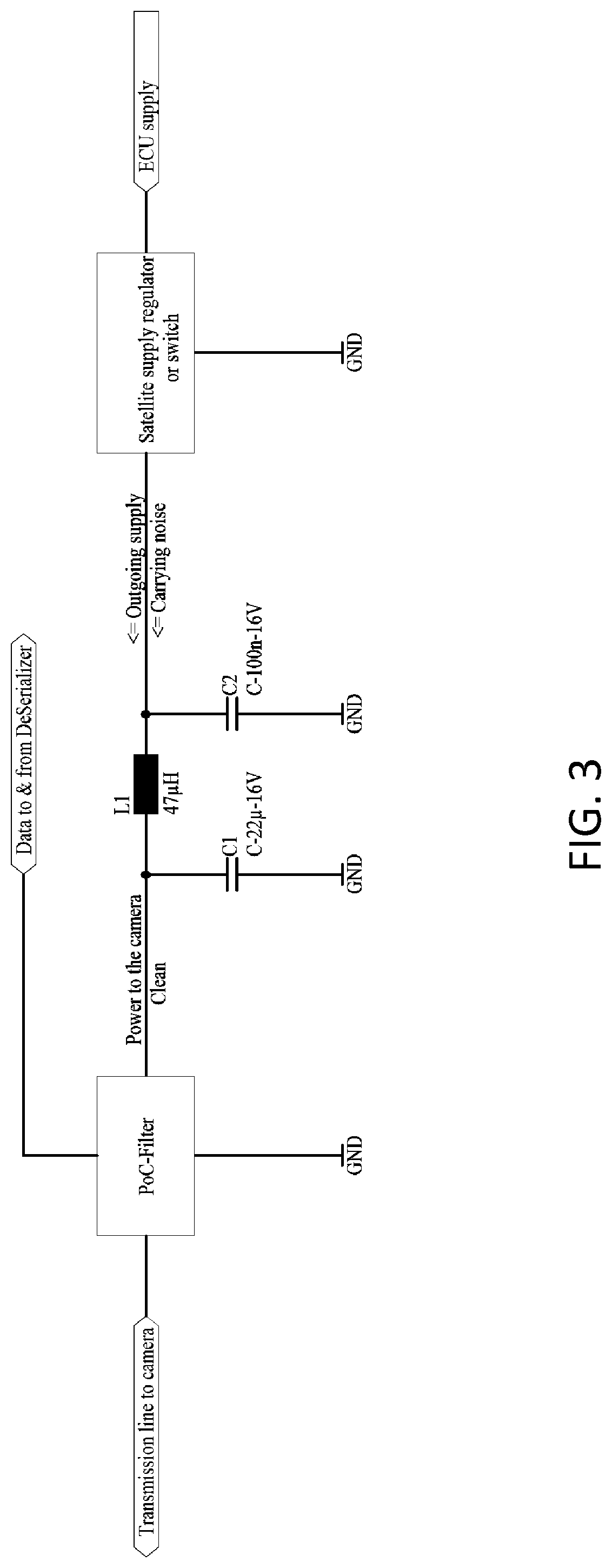 Vehicle vision system with camera line power filter