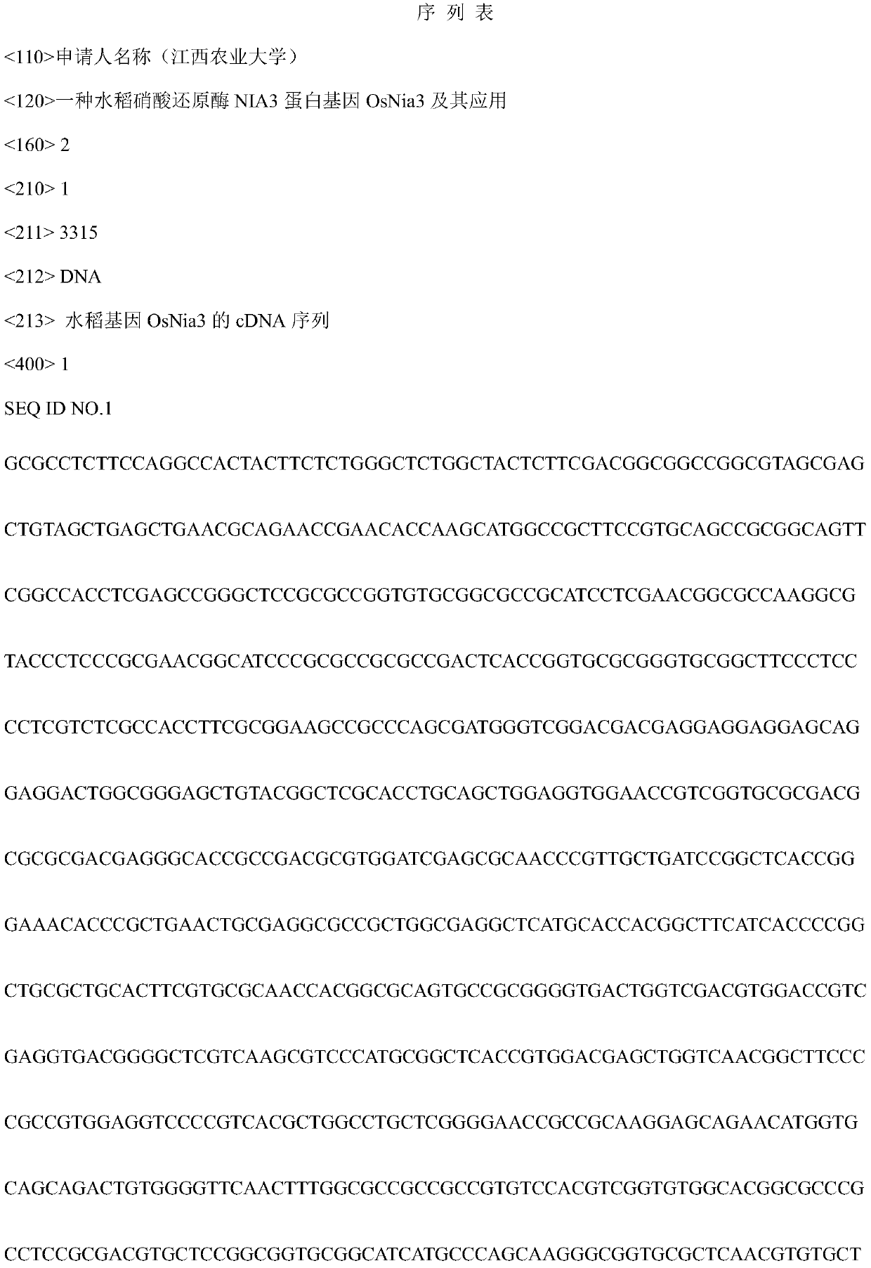 Rice nitrate reductase NIA3 protein gene OsNia3 and application thereof