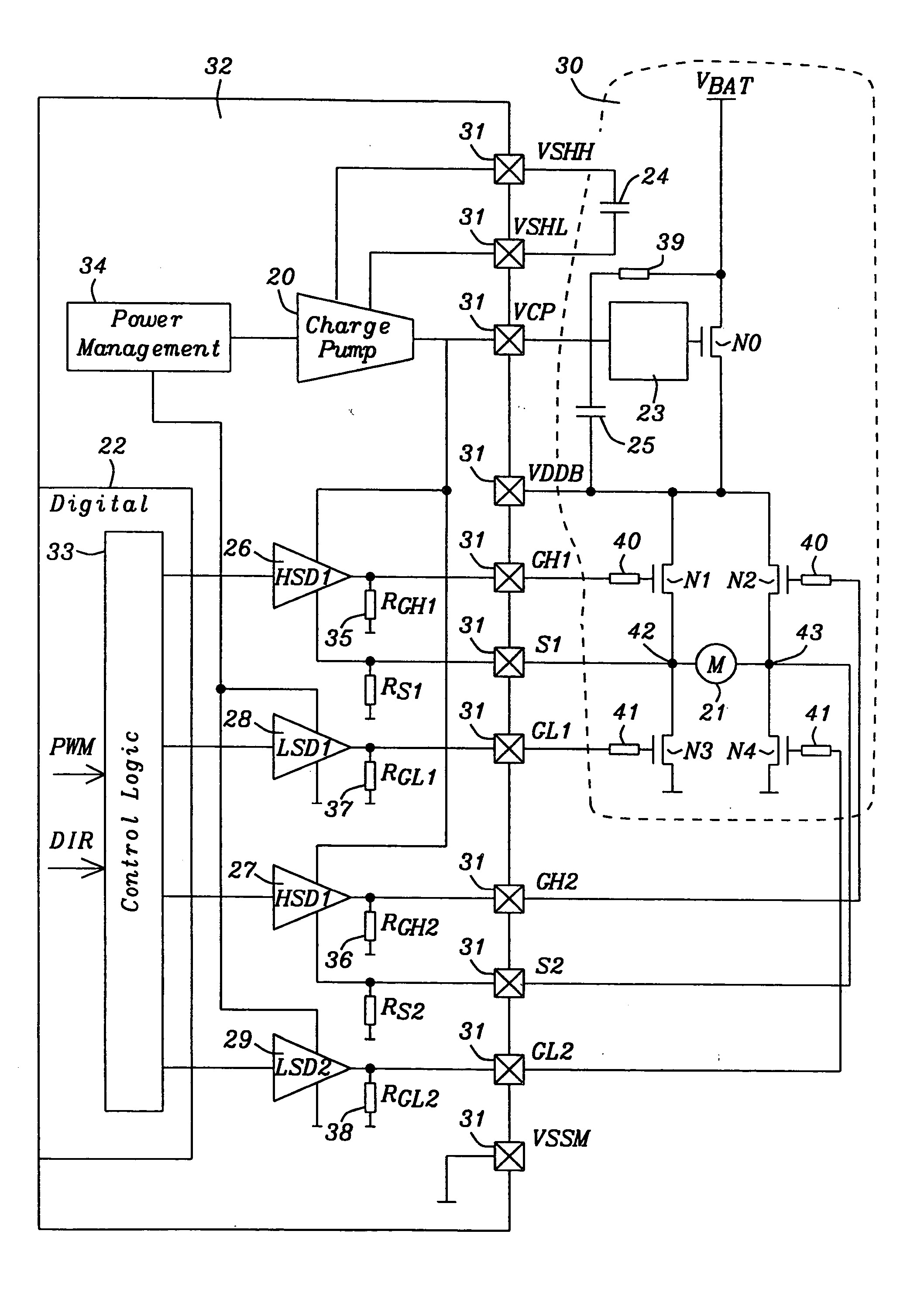 32V H-bridge driver with CMOS circuits