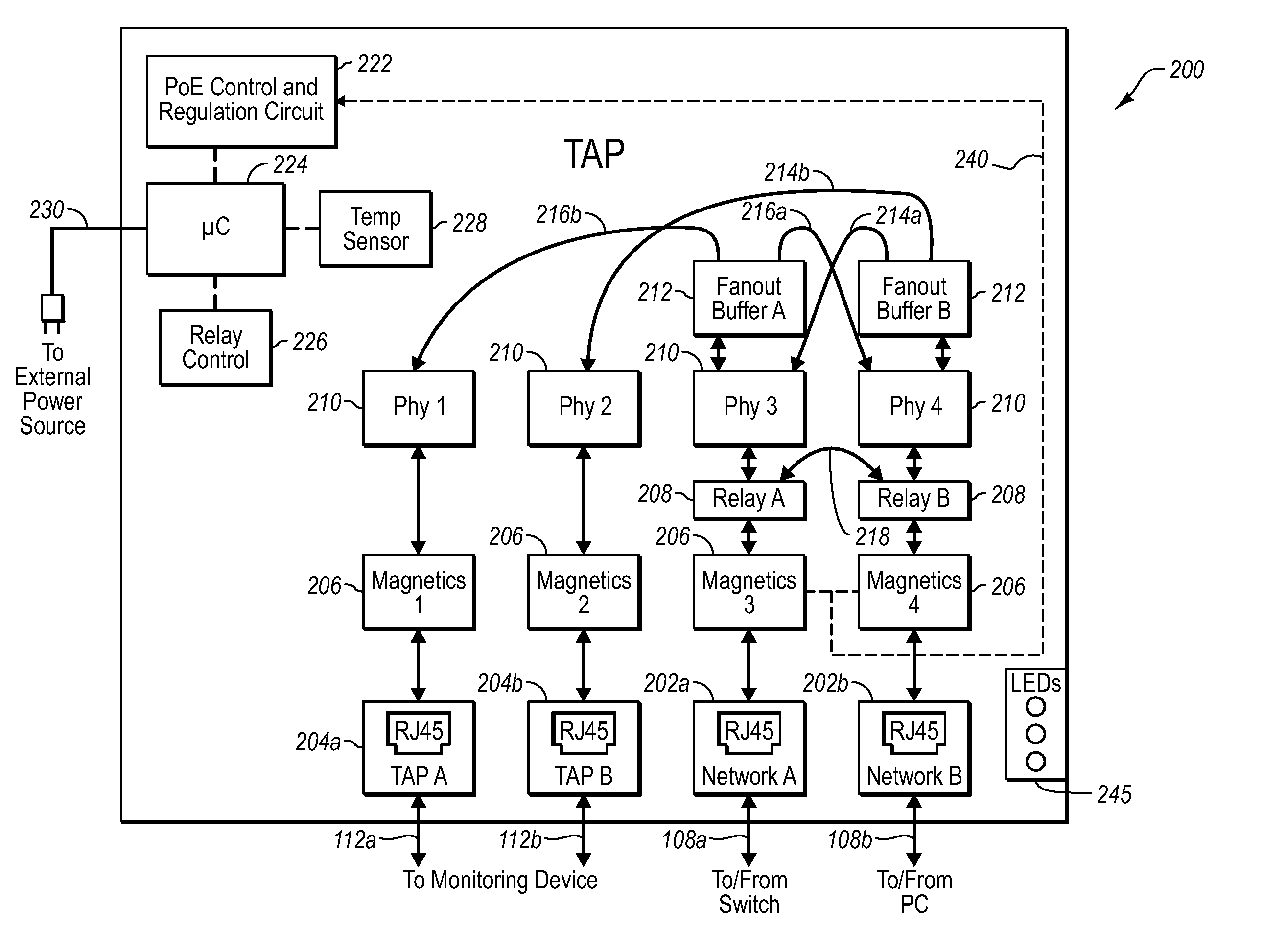 Network tap/aggregator configured for power over ethernet operation