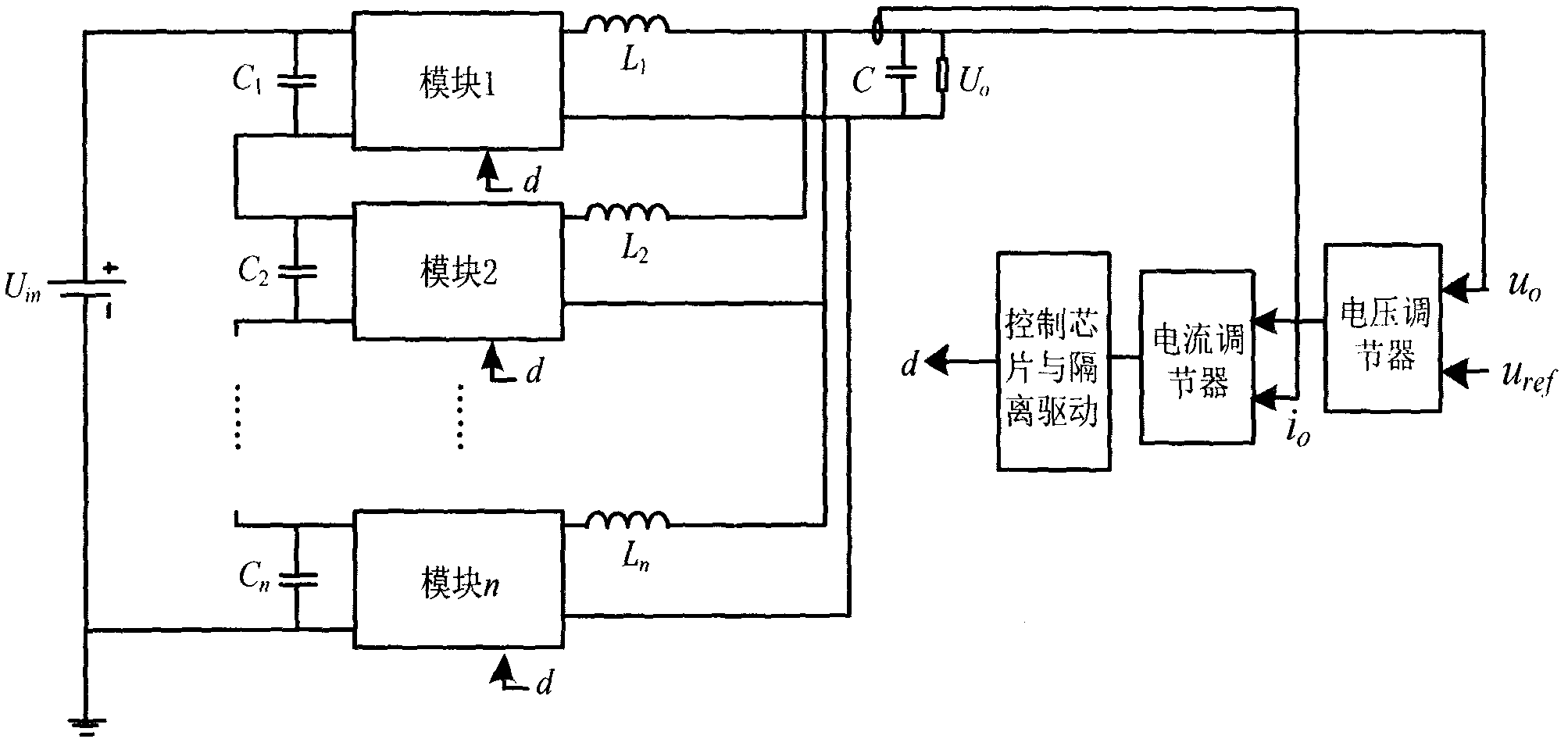 DC (direct-current) converter voltage-sharing technology with multiple modules having series inputs and parallel outputs