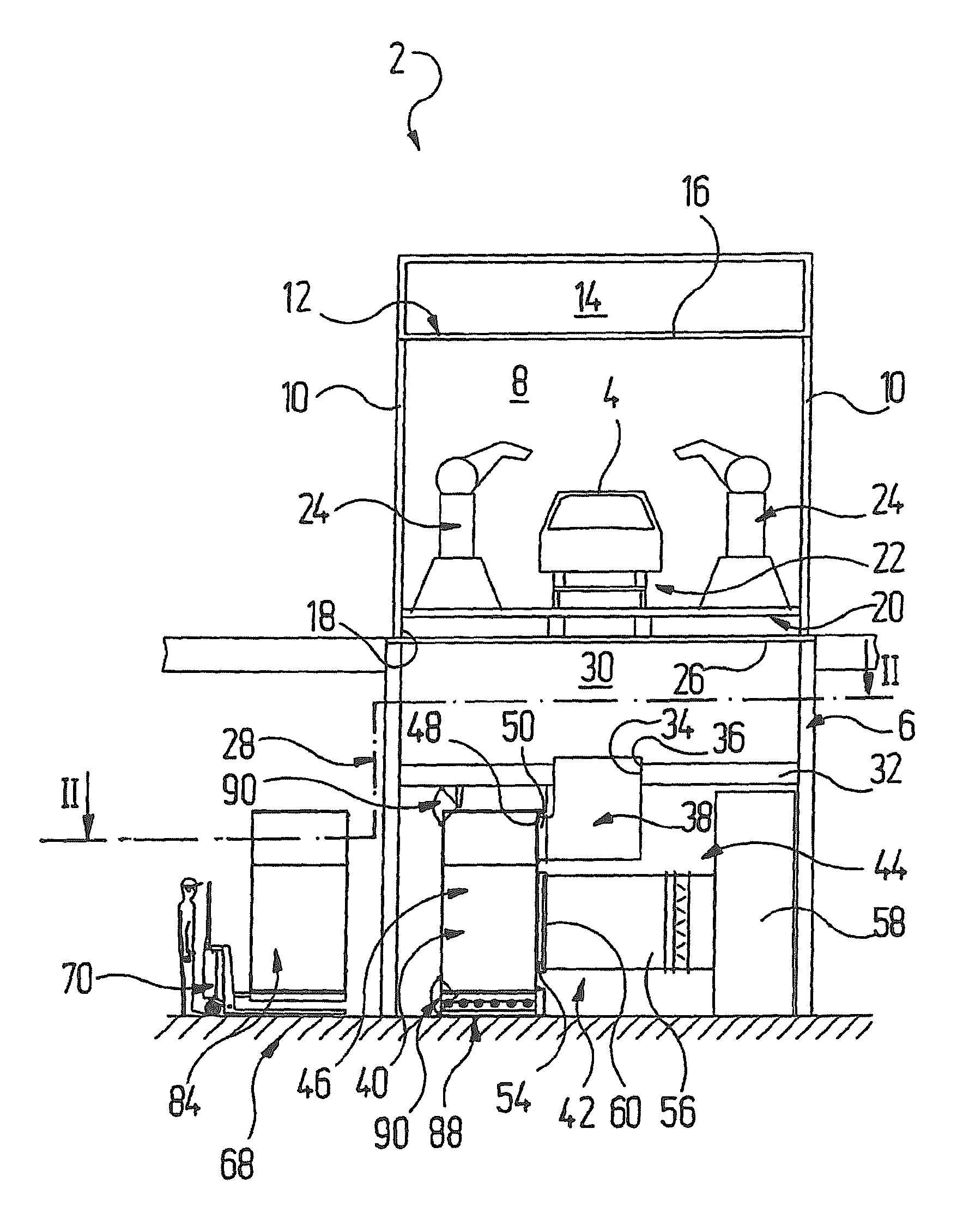 Method and device for precipitating overspray and installation provided therewith
