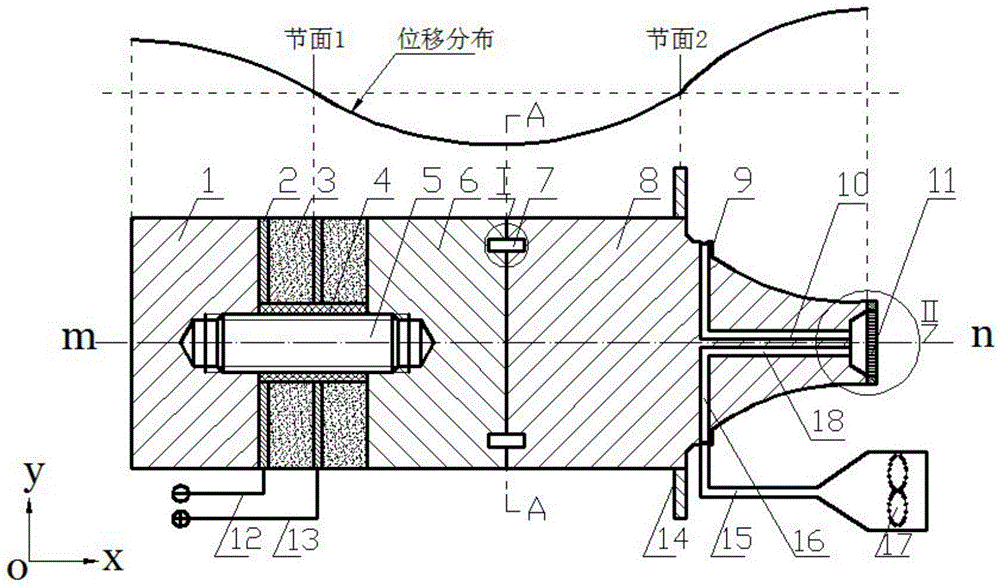 A Bernoulli double-twist type low-frequency ultrasonic three-time atomizing nozzle