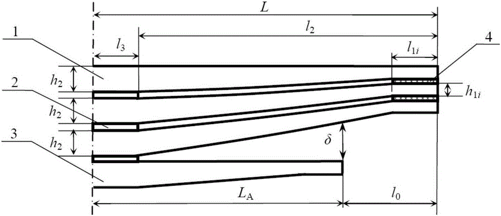 Design method of gap between few leaf taper main spring in parabolic segment and auxiliary spring