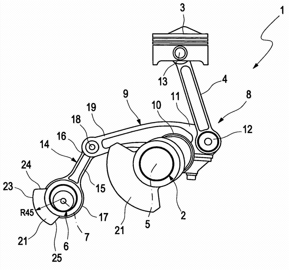 Internal combustion engine having a multi-joint crank drive and additional masses on articulated connecting rods of the multi-joint crank drive for damping free mass forces