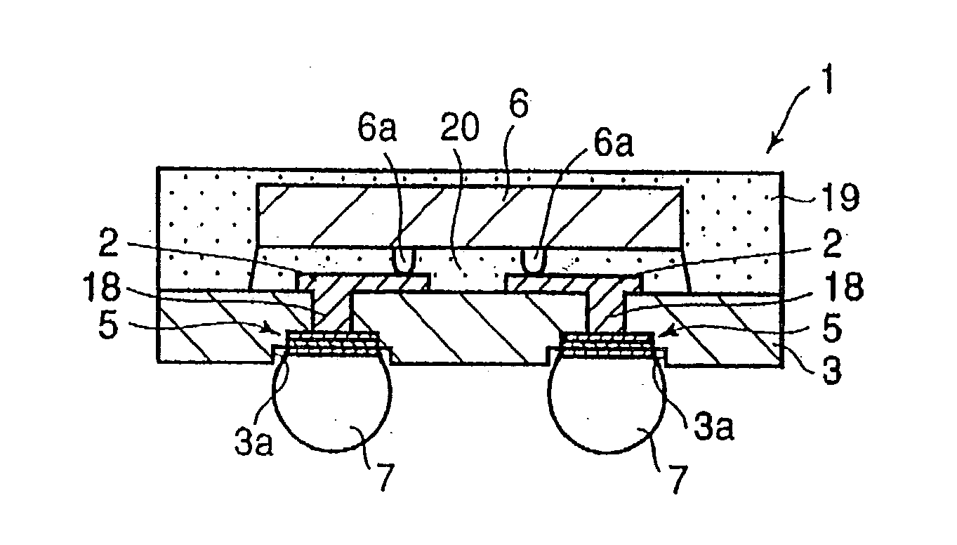 Board for mounting BGA semiconductor chip thereon, semiconductor device, and methods of fabricating such board and semiconductor device