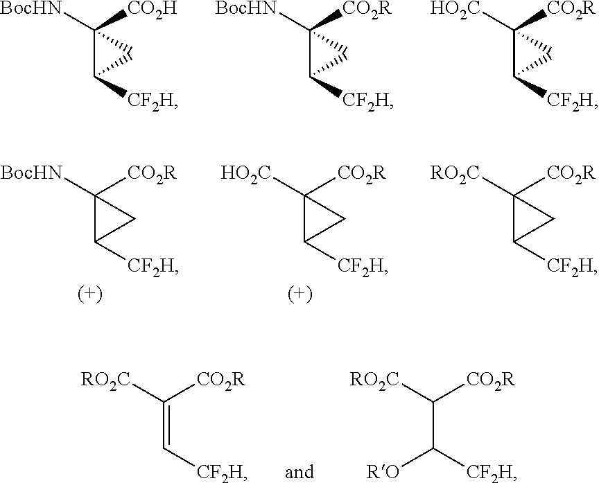 Difluoroalkylcyclopropyl amino acids and esters, and syntheses thereof