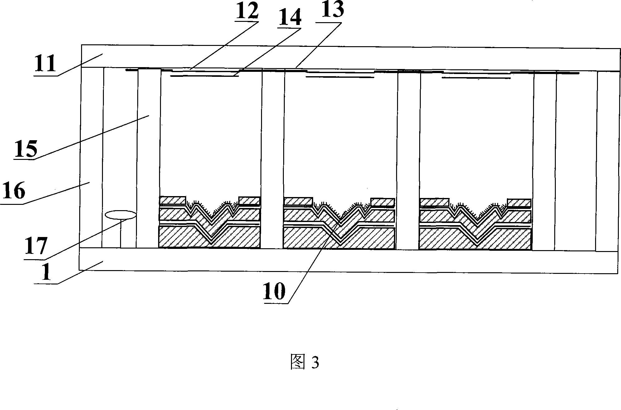 Planar display device with reversed-angle laminated multi-bending cathode structure and its production