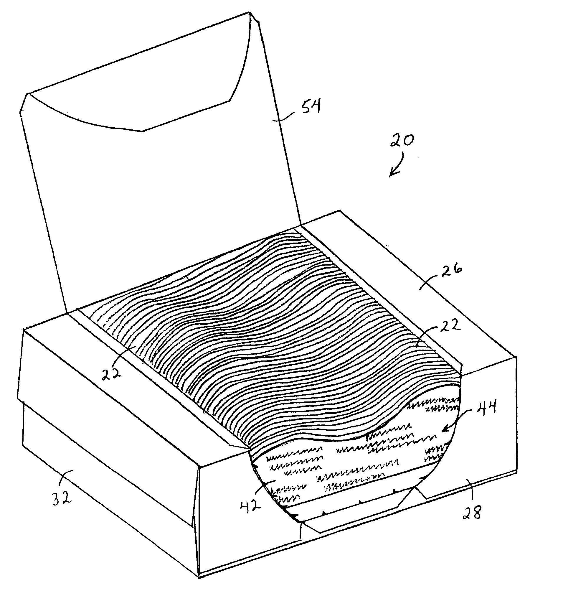 Package having an opening mechanism and containing selectively oriented absorbent articles