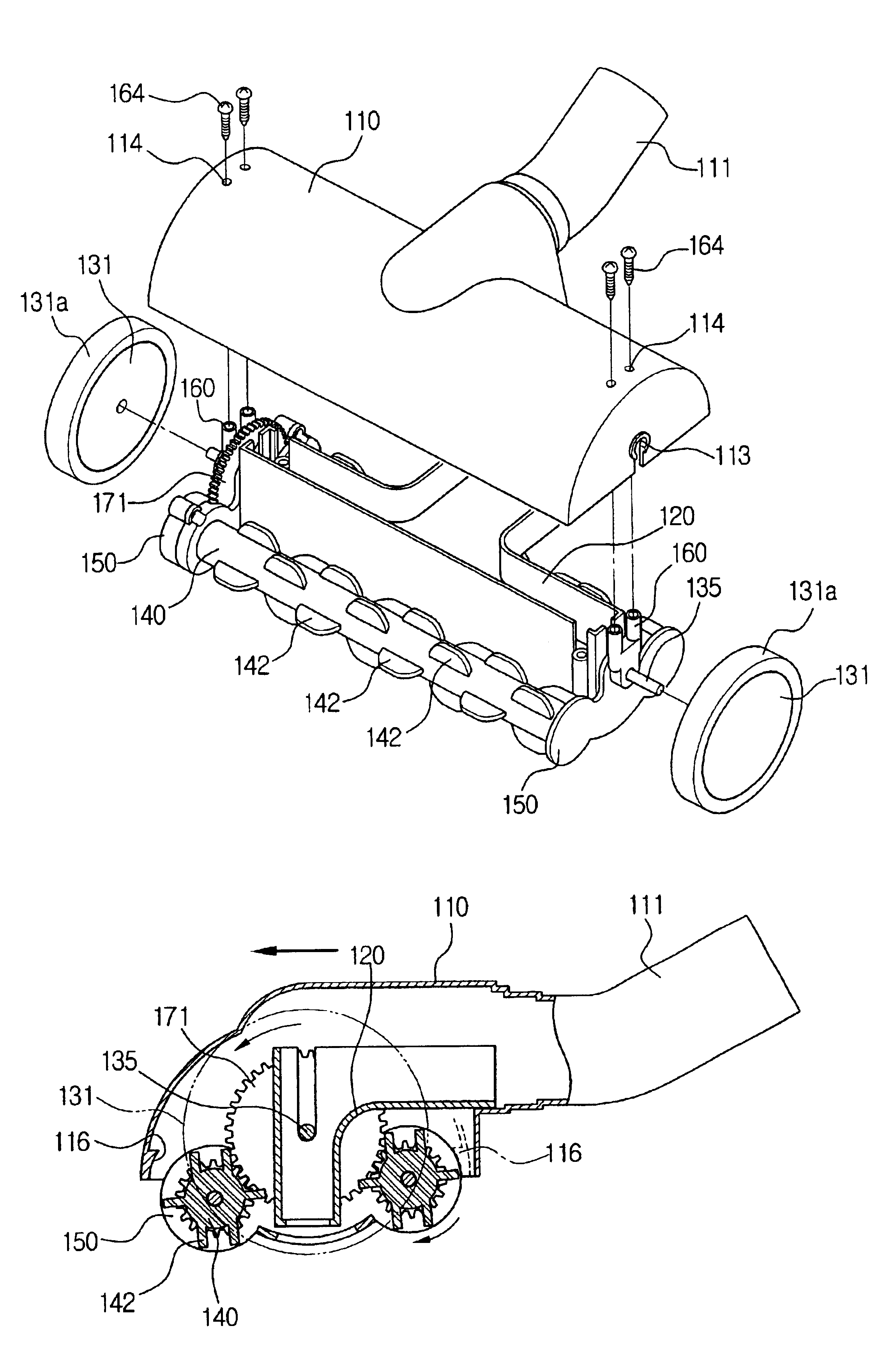 Suction brush assembly having rotation roller for sweeping dust