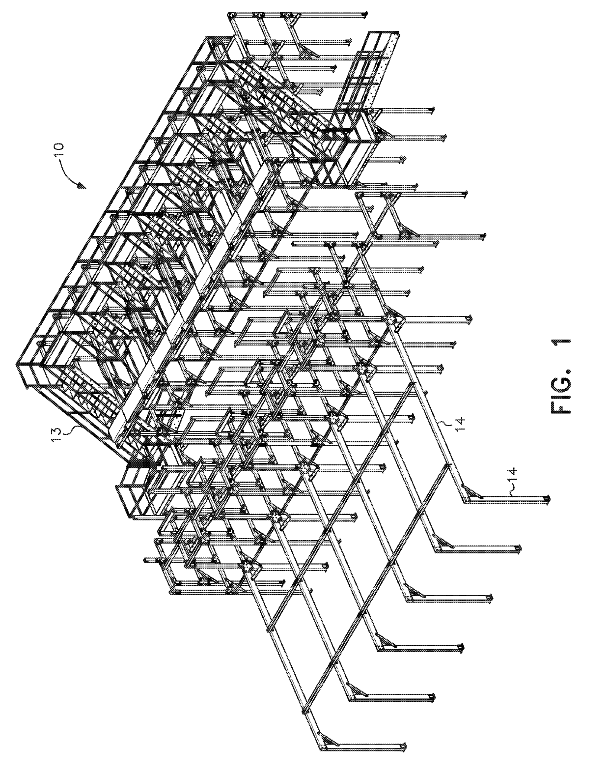 Tubular mezzanine and conveyor support structures and stiffener brackets for assembly thereof