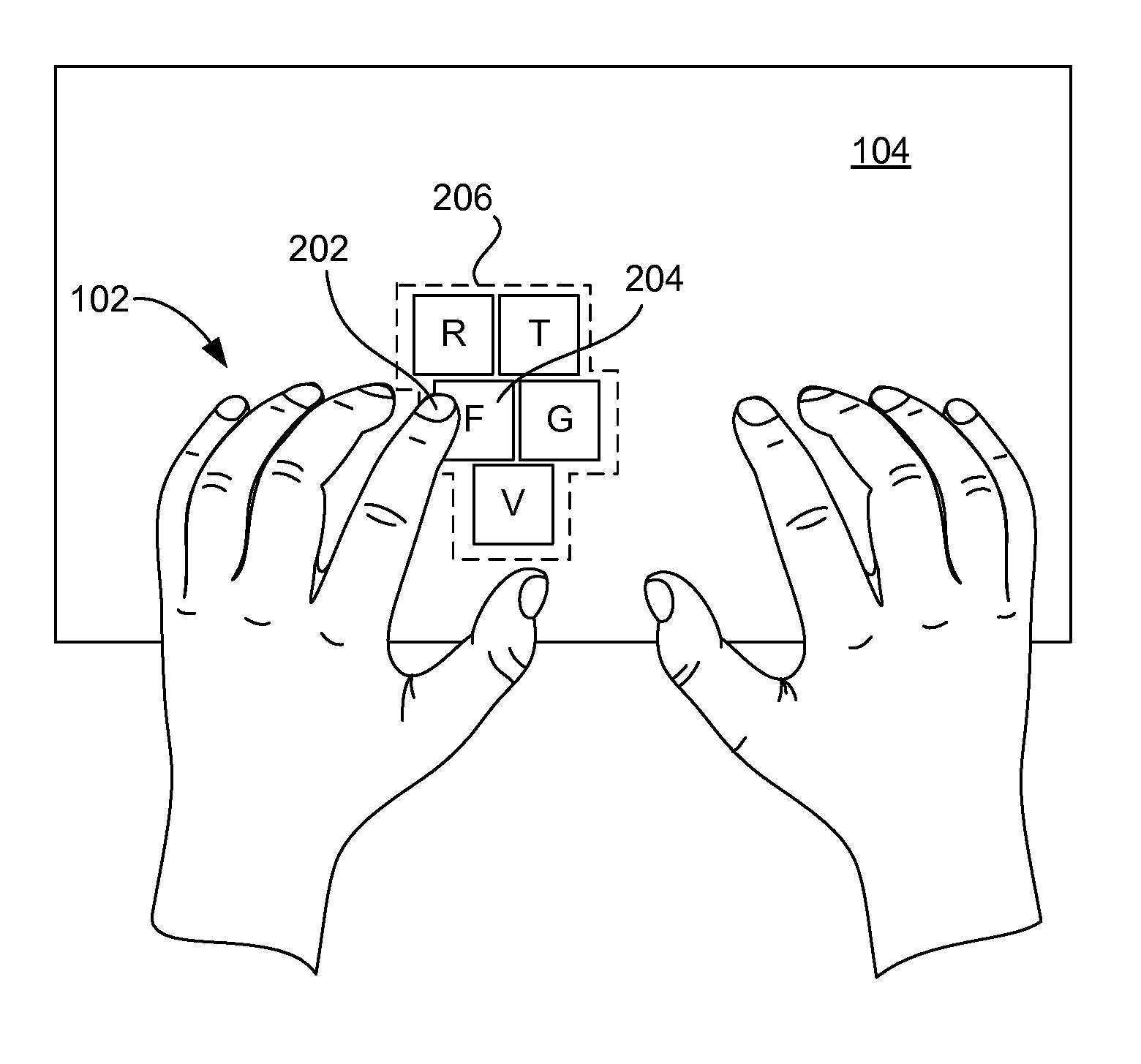 Dynamic text input using on and above surface sensing of hands and fingers