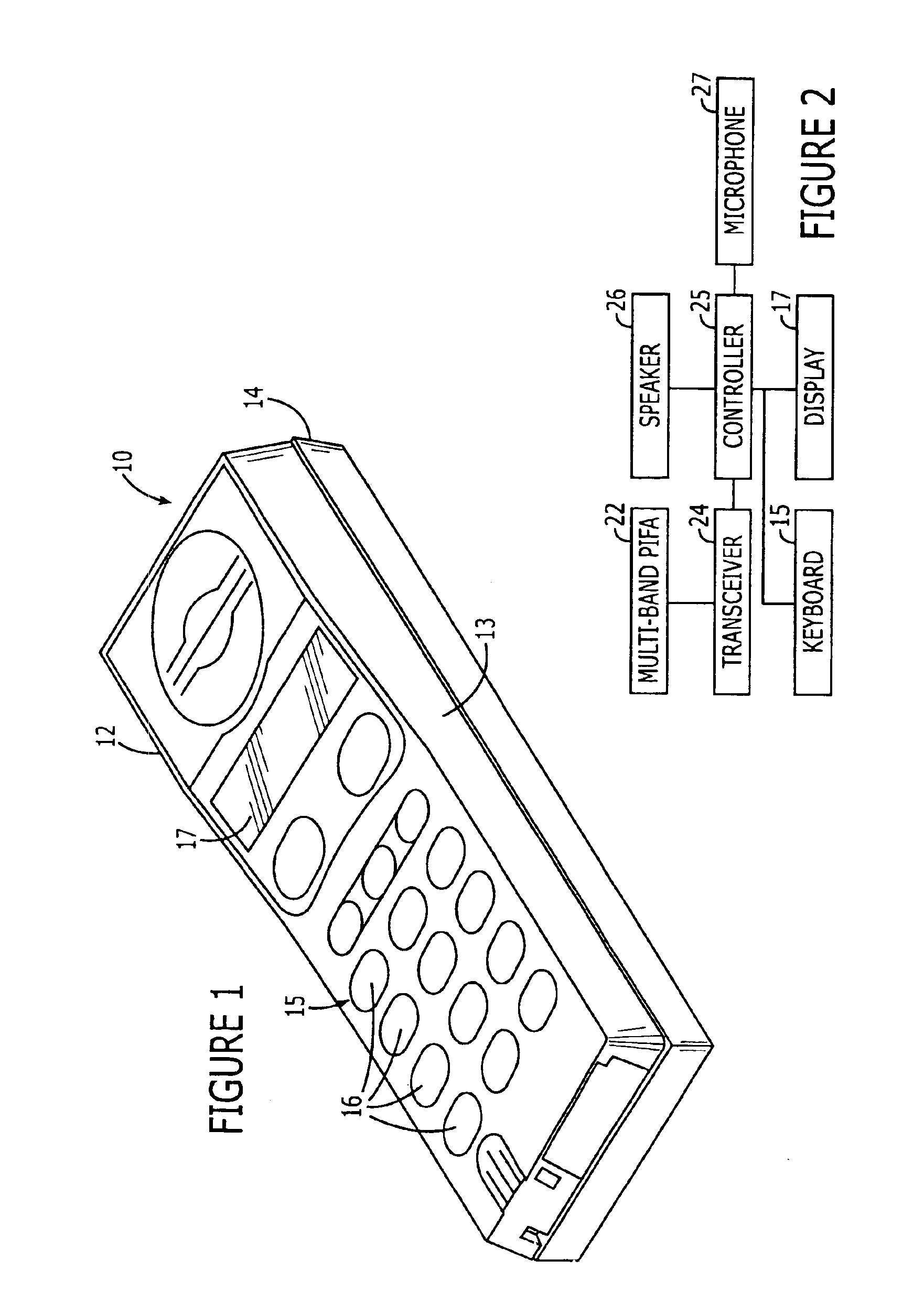Multi-band planar inverted-F antennas including floating parasitic elements and wireless terminals incorporating the same