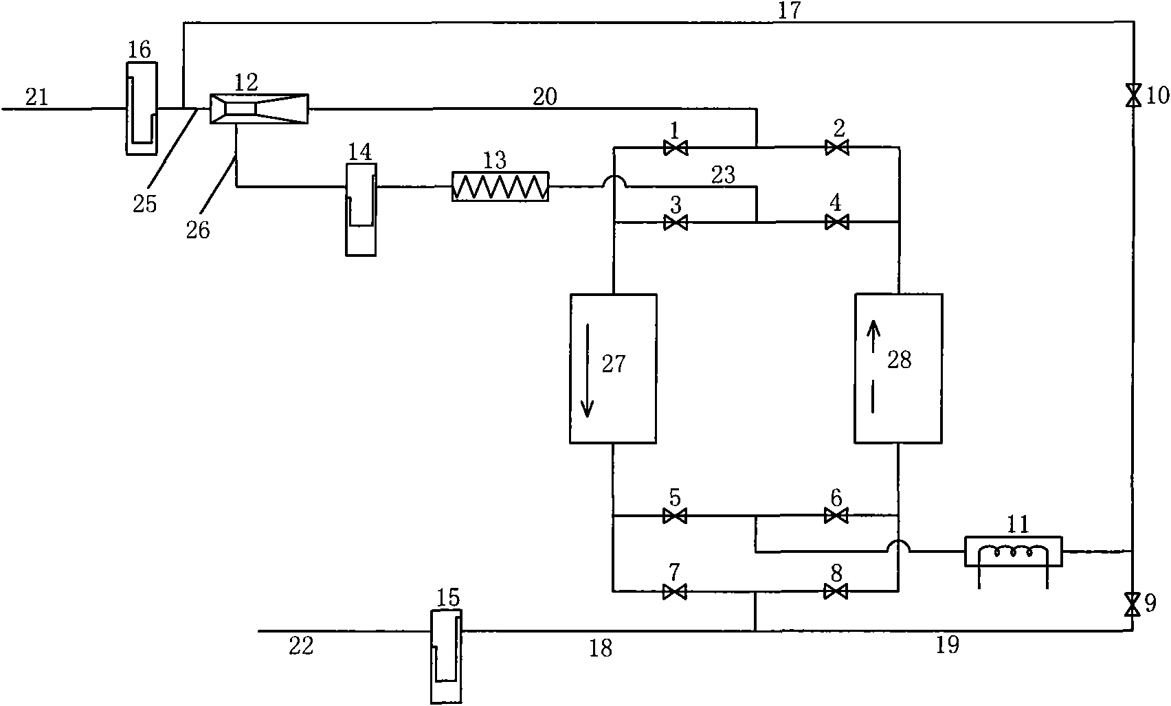 Gas drying process and device