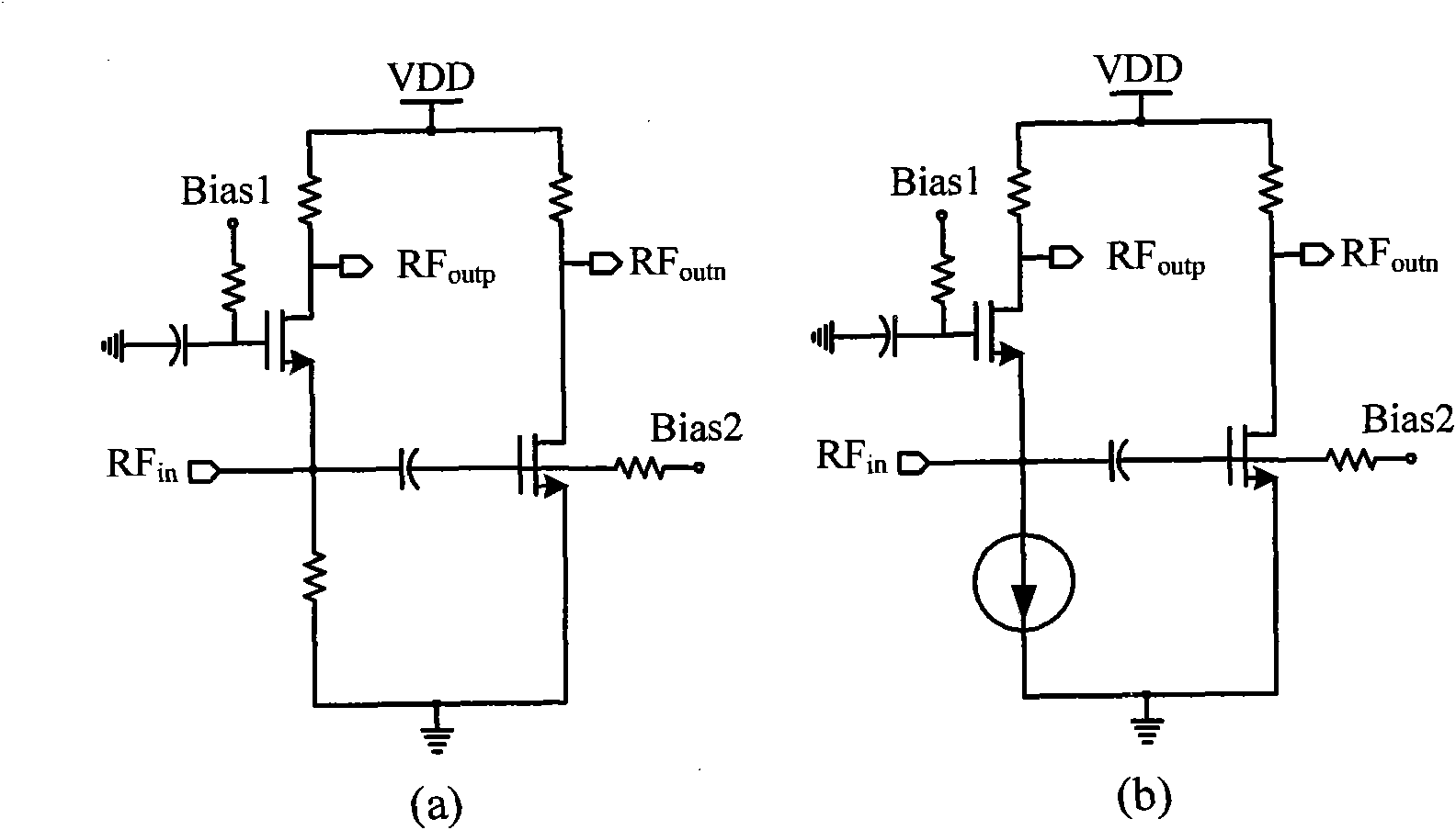 Wide band radio-frequency low noise amplifier with single-ended input and differential output