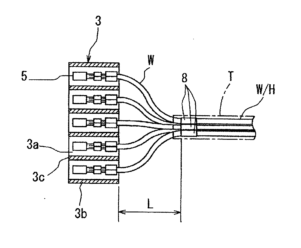 Water stop structure for wire harness and method of forming water stop section