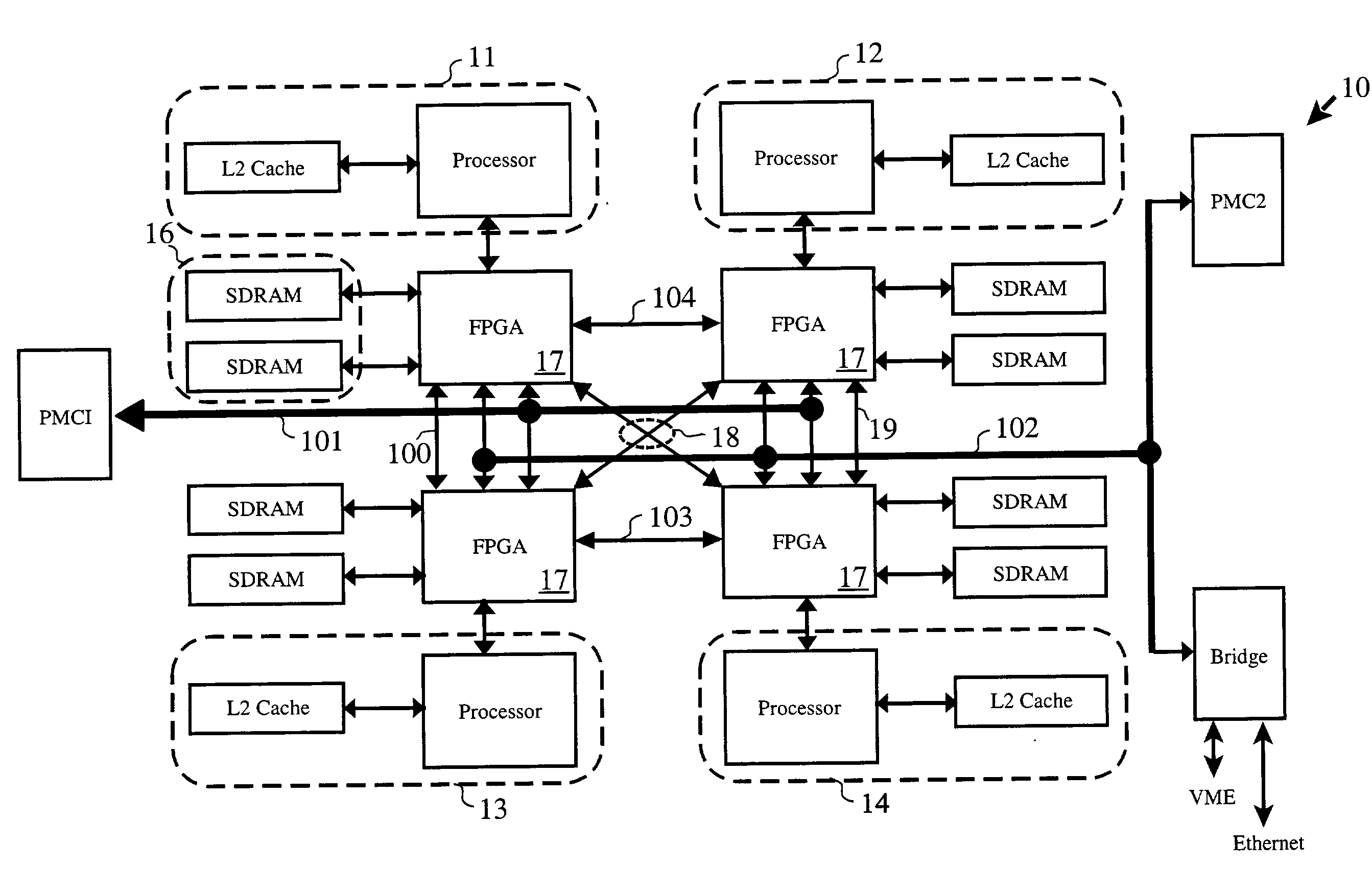 Signal processing resource for selective series processing of data in transit on communications paths in multi-processor arrangements