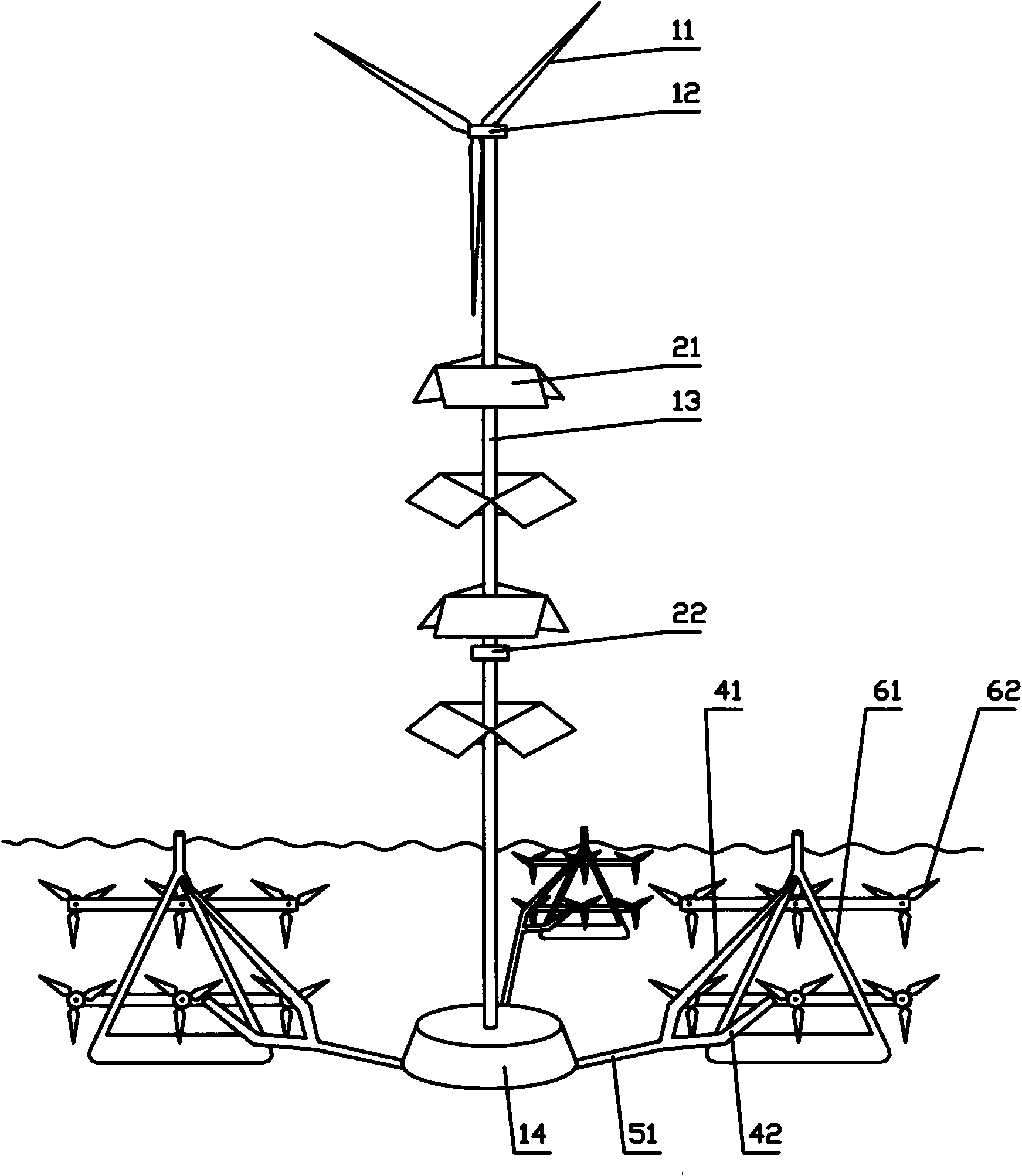 Integrated system for generating electricity by current, sea wave as well as tide kinetic energy and wind and solar energy