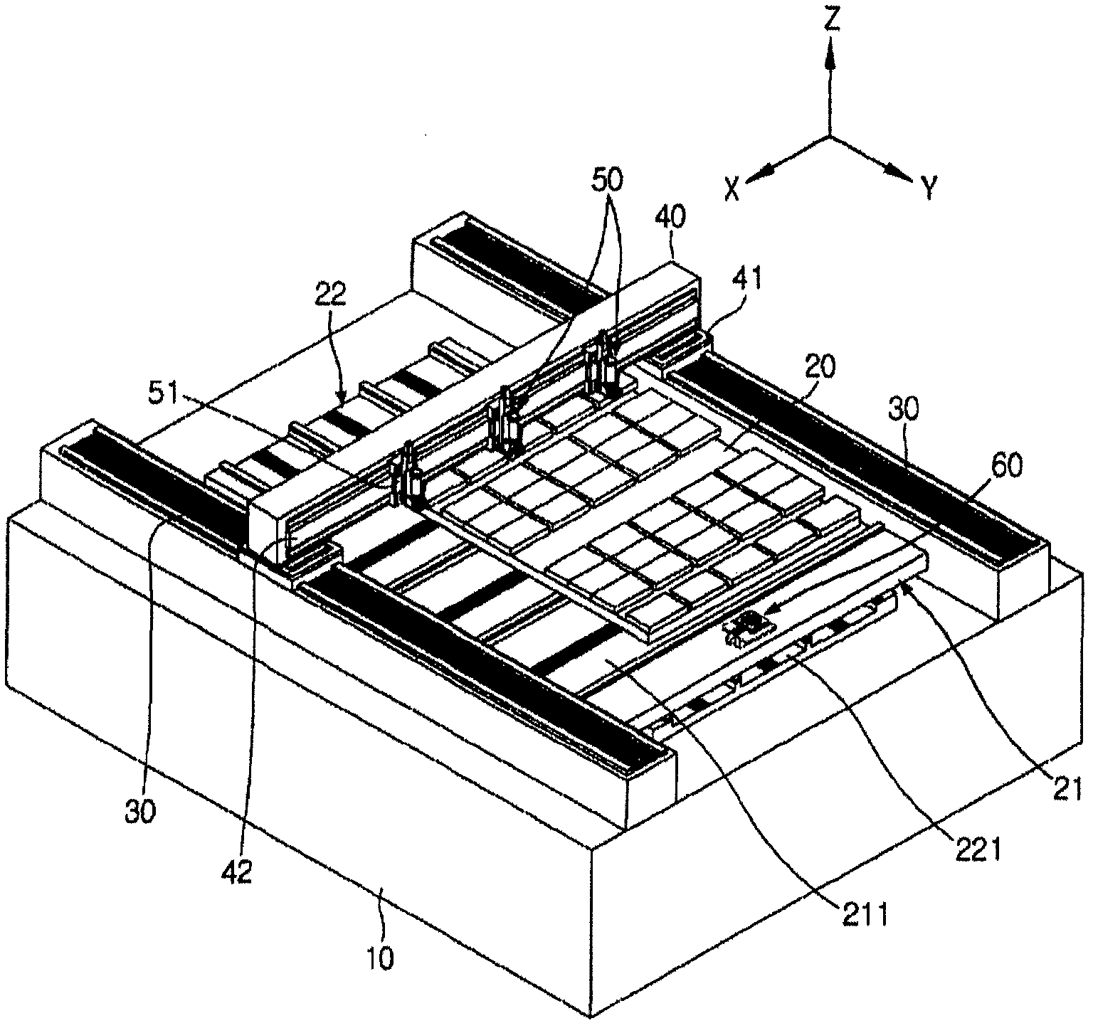 Device for measuring the relative positioning of the image-forming point of a laser-displacement sensor and the outlet port of the nozzle of a head unit, paste dispenser to which this device for measuring relative positioning is fitted, and a method