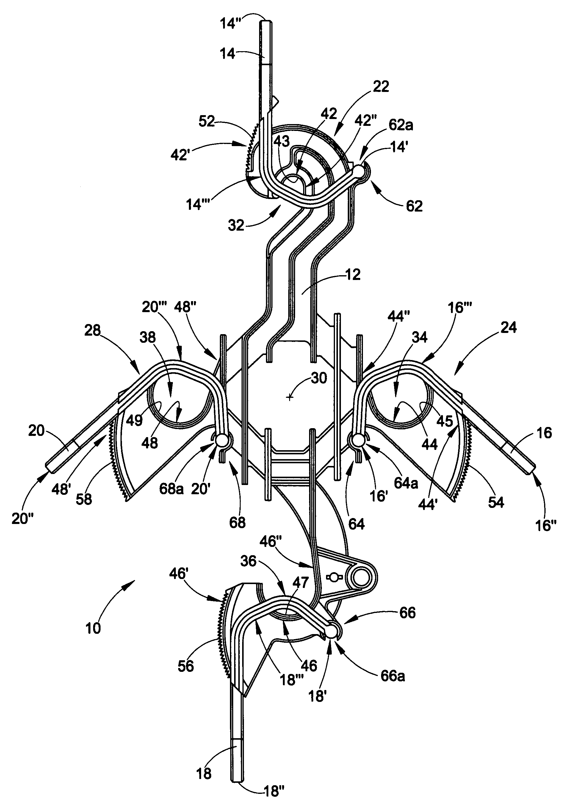 Aerial cable spacer with cable retaining arm having non-rectangular plus-shaped cross section and angled pawl locking member