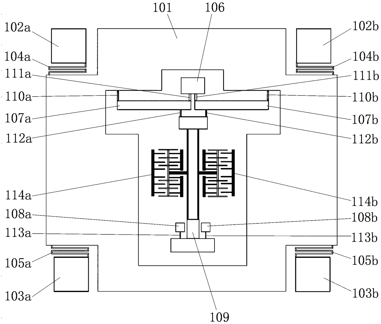 Isosceles right triangle array structure of low temperature drifting resonant micro-accelerometer