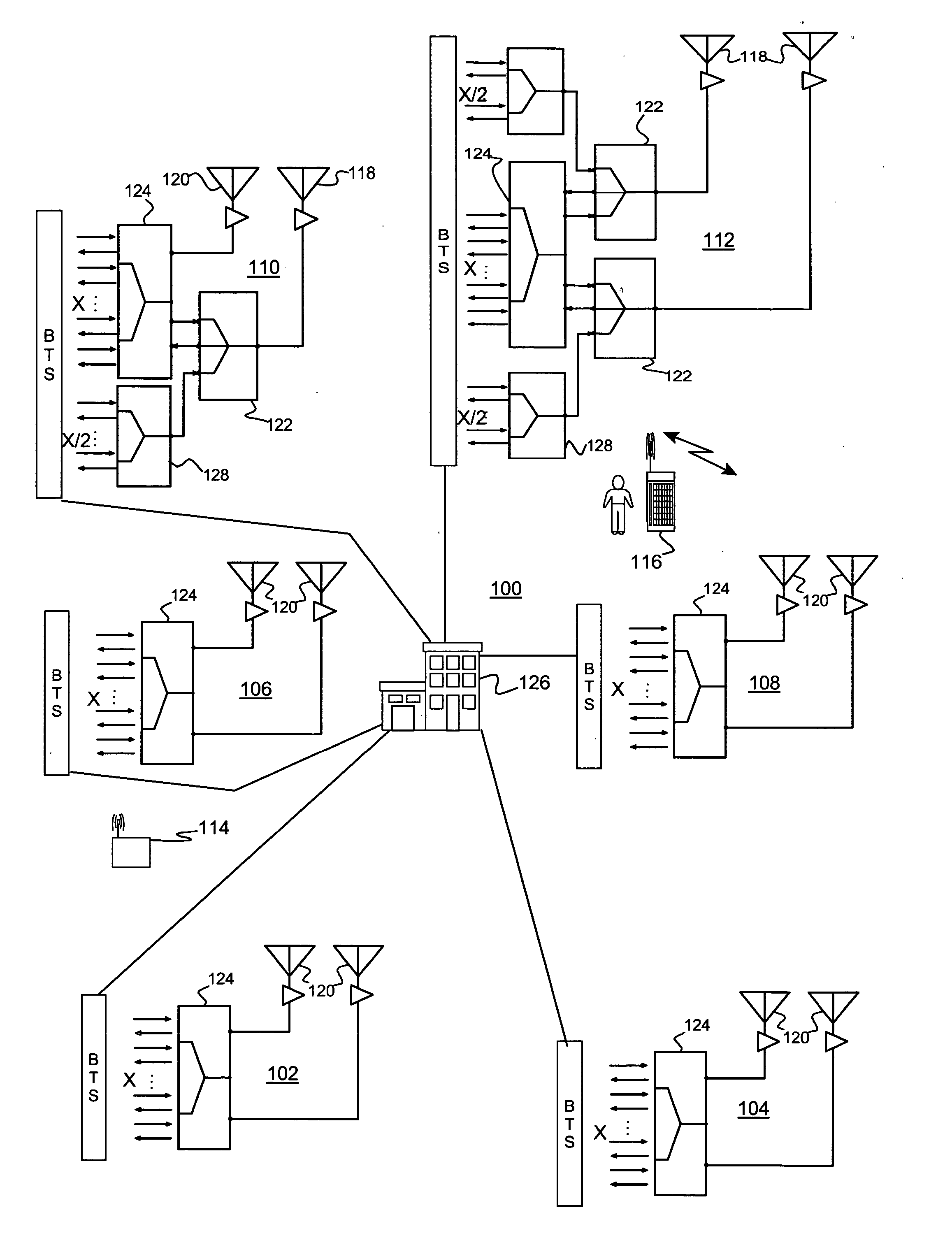 Mobile communications network with expanded carrier capacity and method of expanding base station carrier capacity