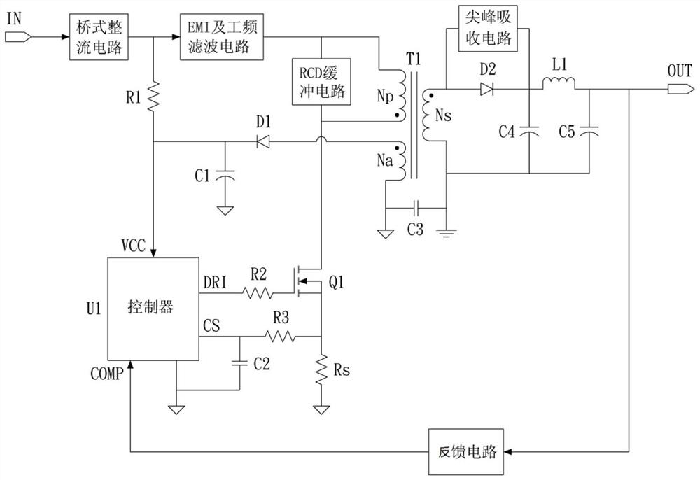 A flyback switching power supply with limited power supply protection function