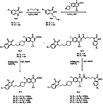 Propylene tethered ciprofloxacin-isatin hybrids as well as synthetic method and application thereof