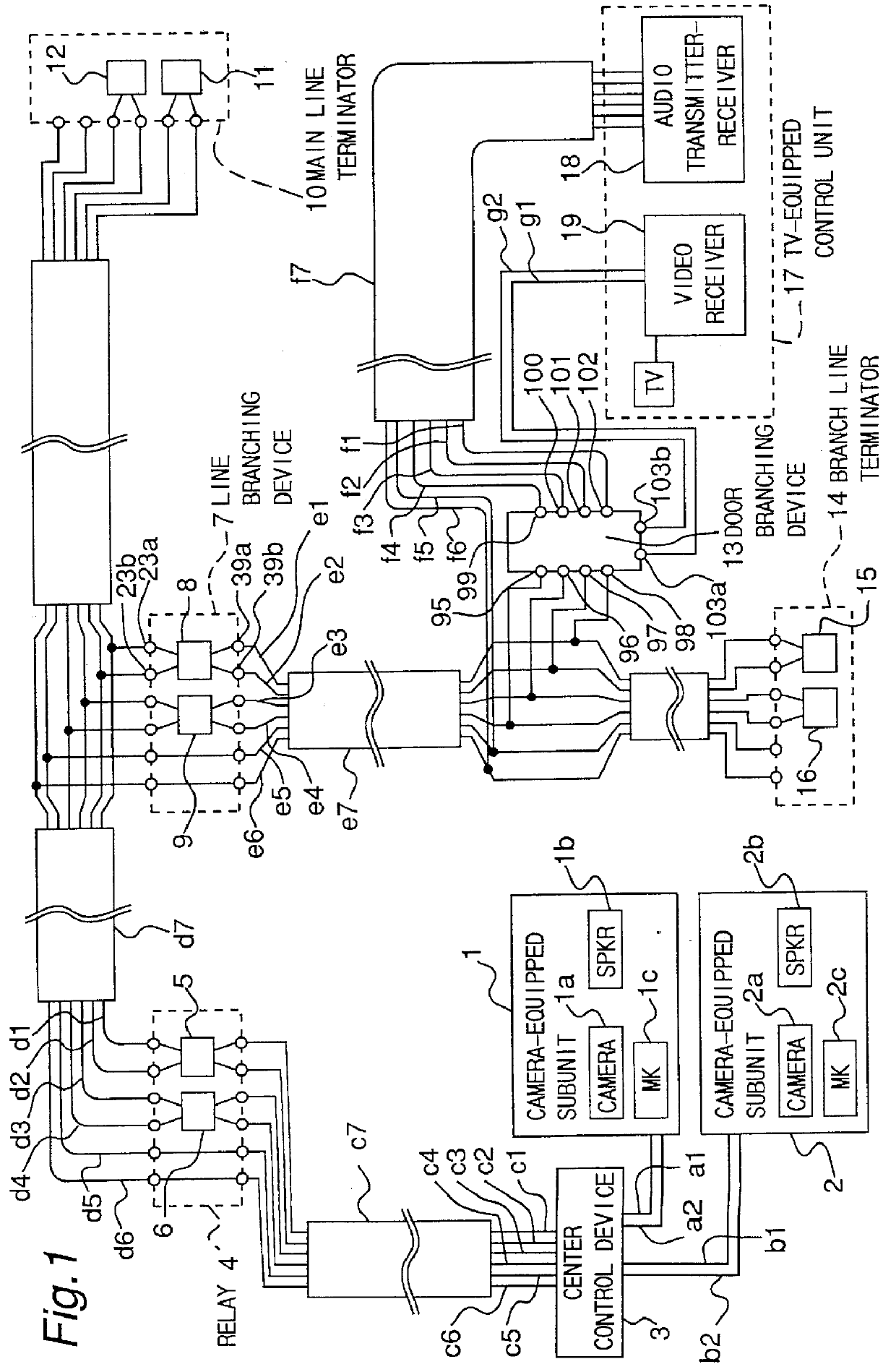 Loop detector of a branching device for a multiplexed audio-video signal transmission system