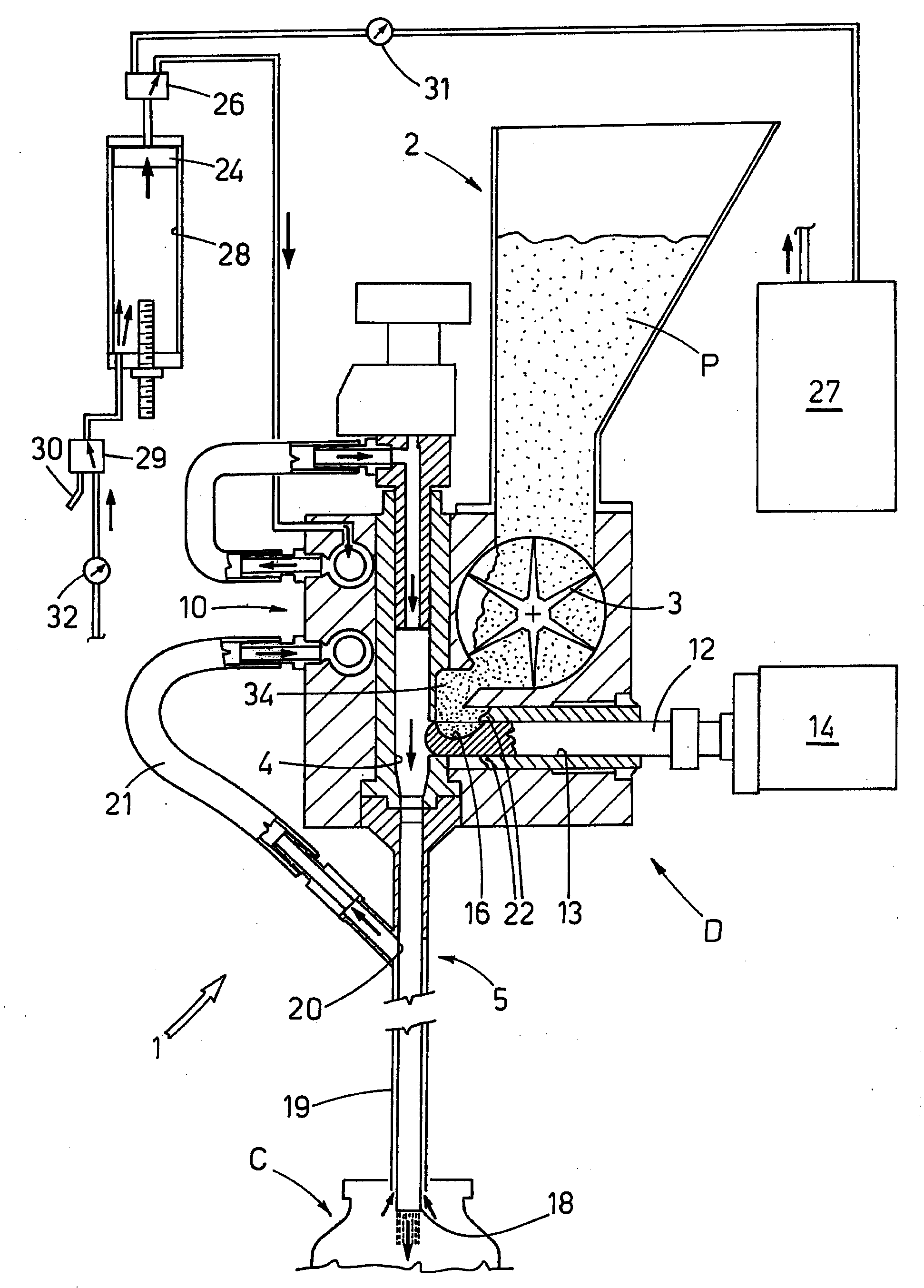 Method for batching powder and/or granular products internally of container elements and apparatus for actuating the method
