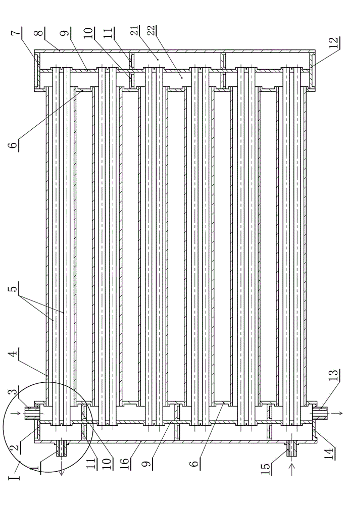 Open type communication and heat-absorption heat exchanger with headers and double-channel cold water pipes and manufacturing process for heat exchanger