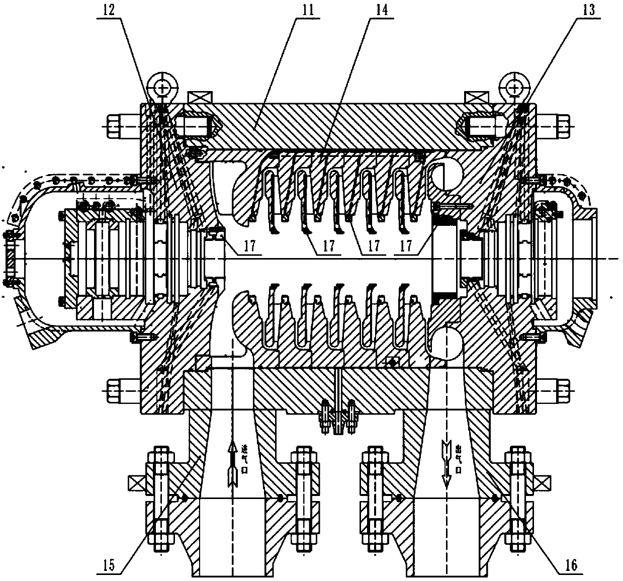 Centrifugal compressor for gasoline and diesel oil hydrogenating and upgrading device