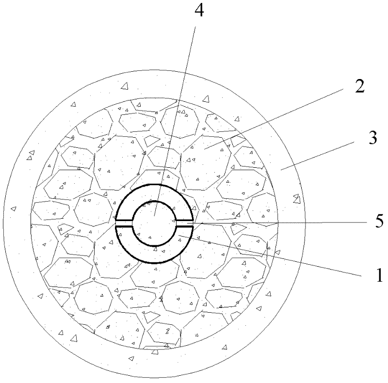 Hollow stiffness-core slurry-solidified discrete material pile and construction method thereof