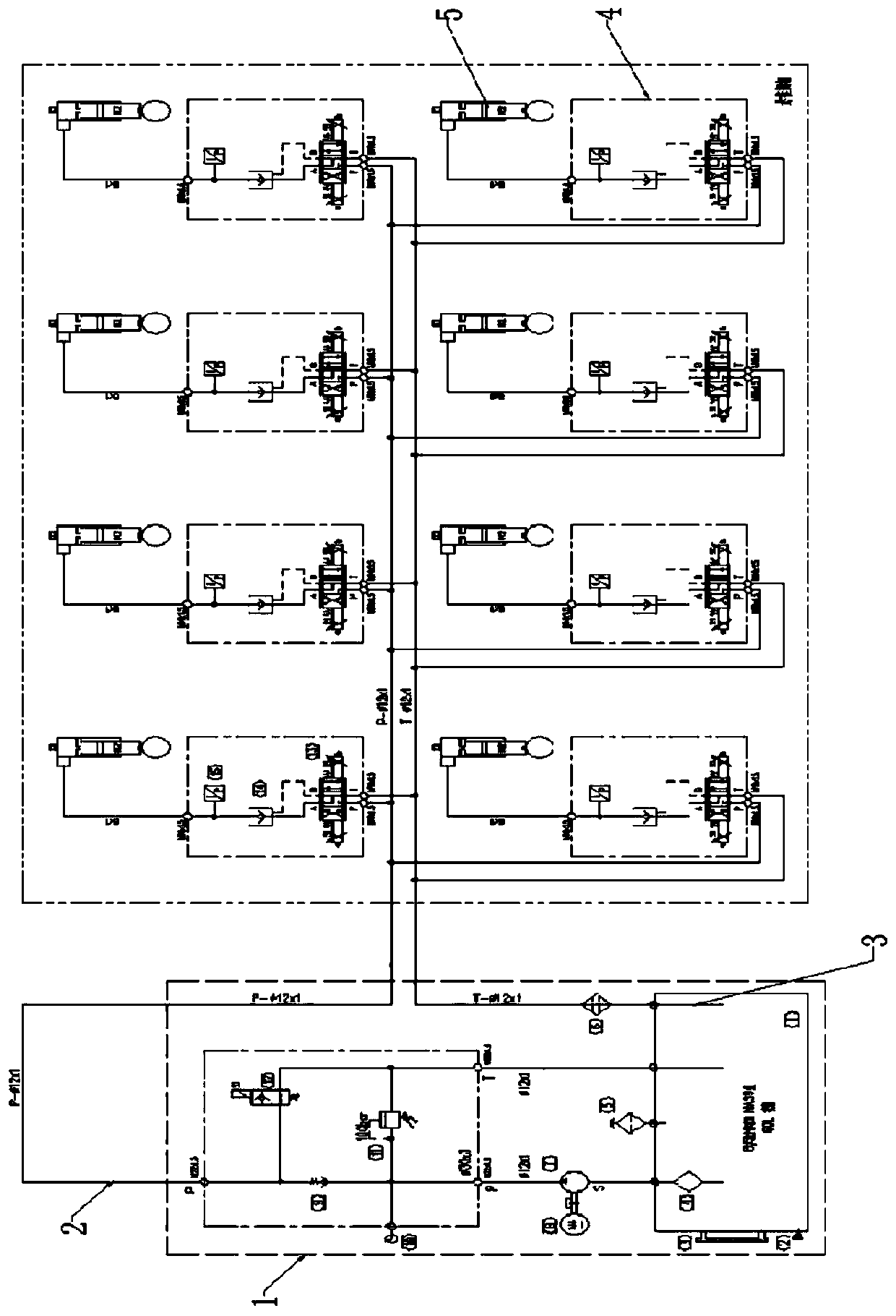 Hydraulic control system for synchronously lifting and lowering oil-gas suspension oil cylinders