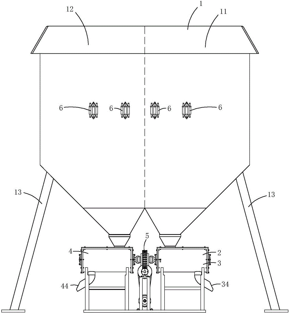 Intelligent type double-body warehouse used for storing granulated materials