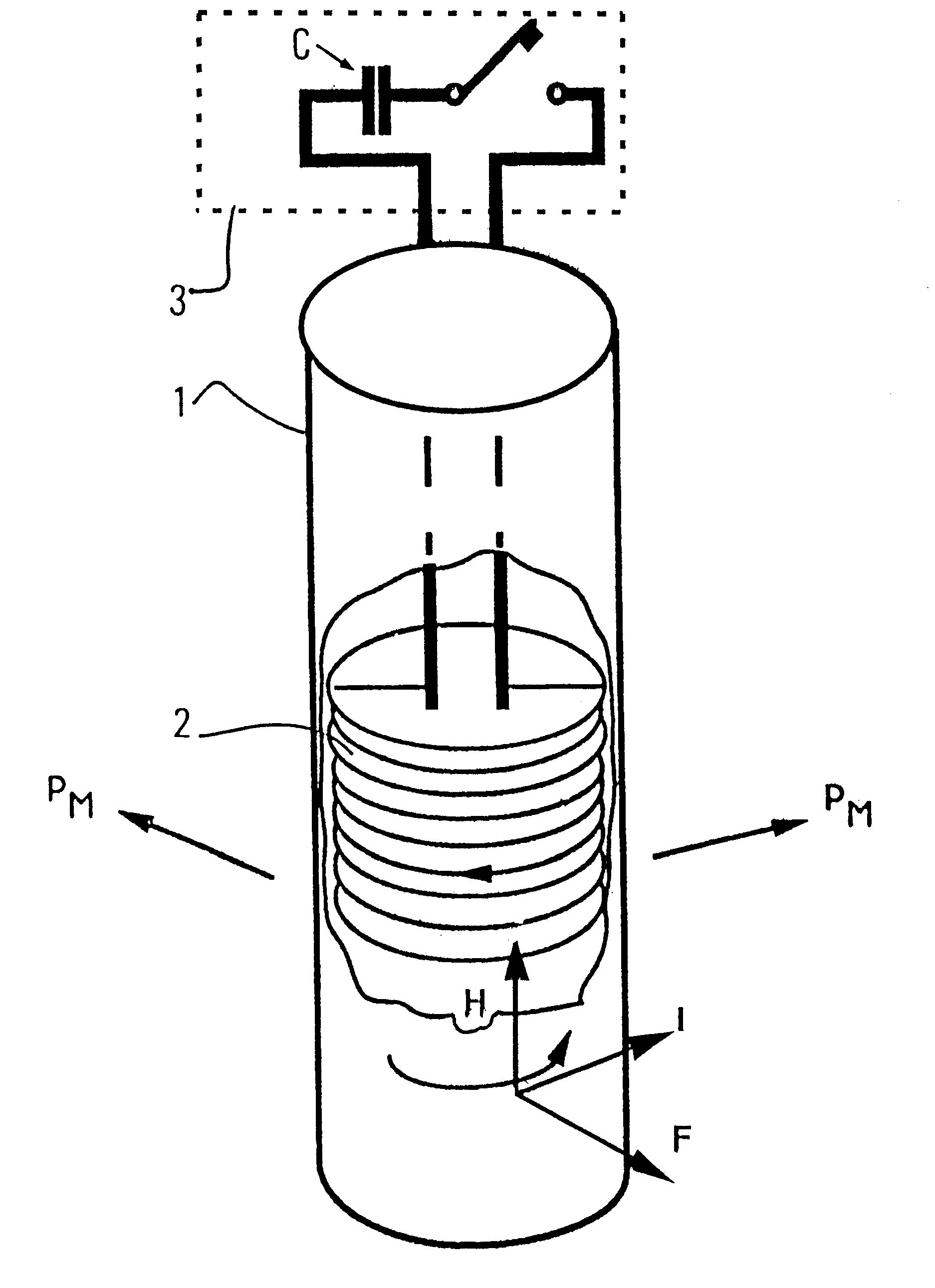 Method and device for emitting radial seismic waves in a material medium by electromagnetic induction