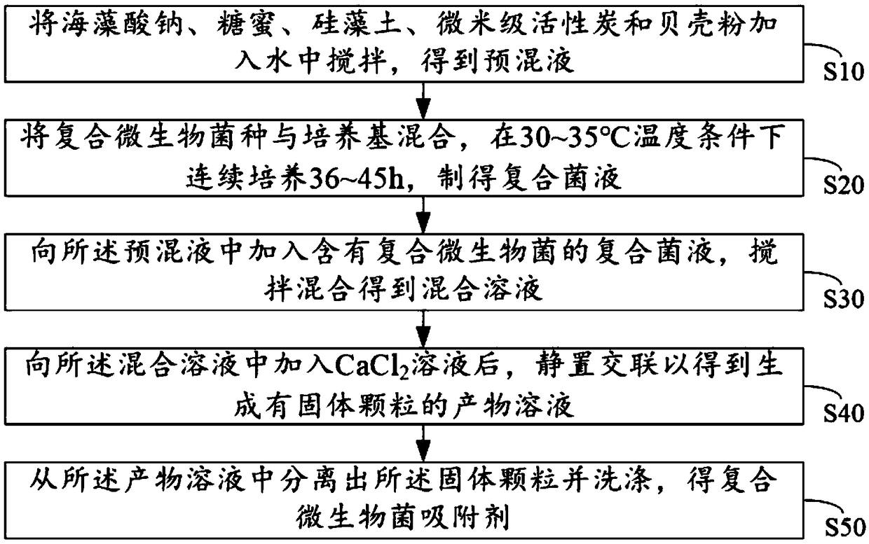 Composite microbial bacterium adsorbent and preparation method thereof and sewage treatment method