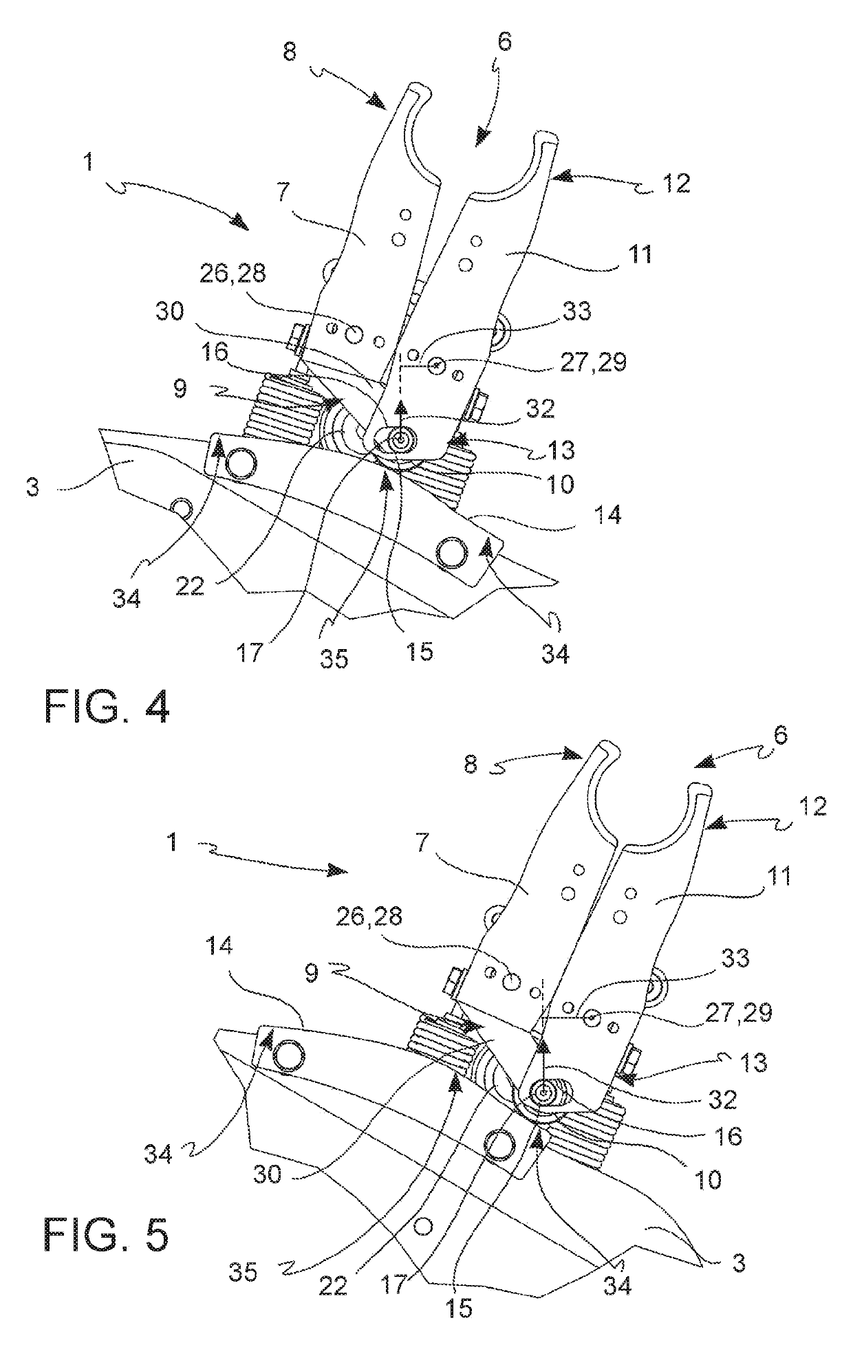 Handling device for containers provided with clamps for opening on command