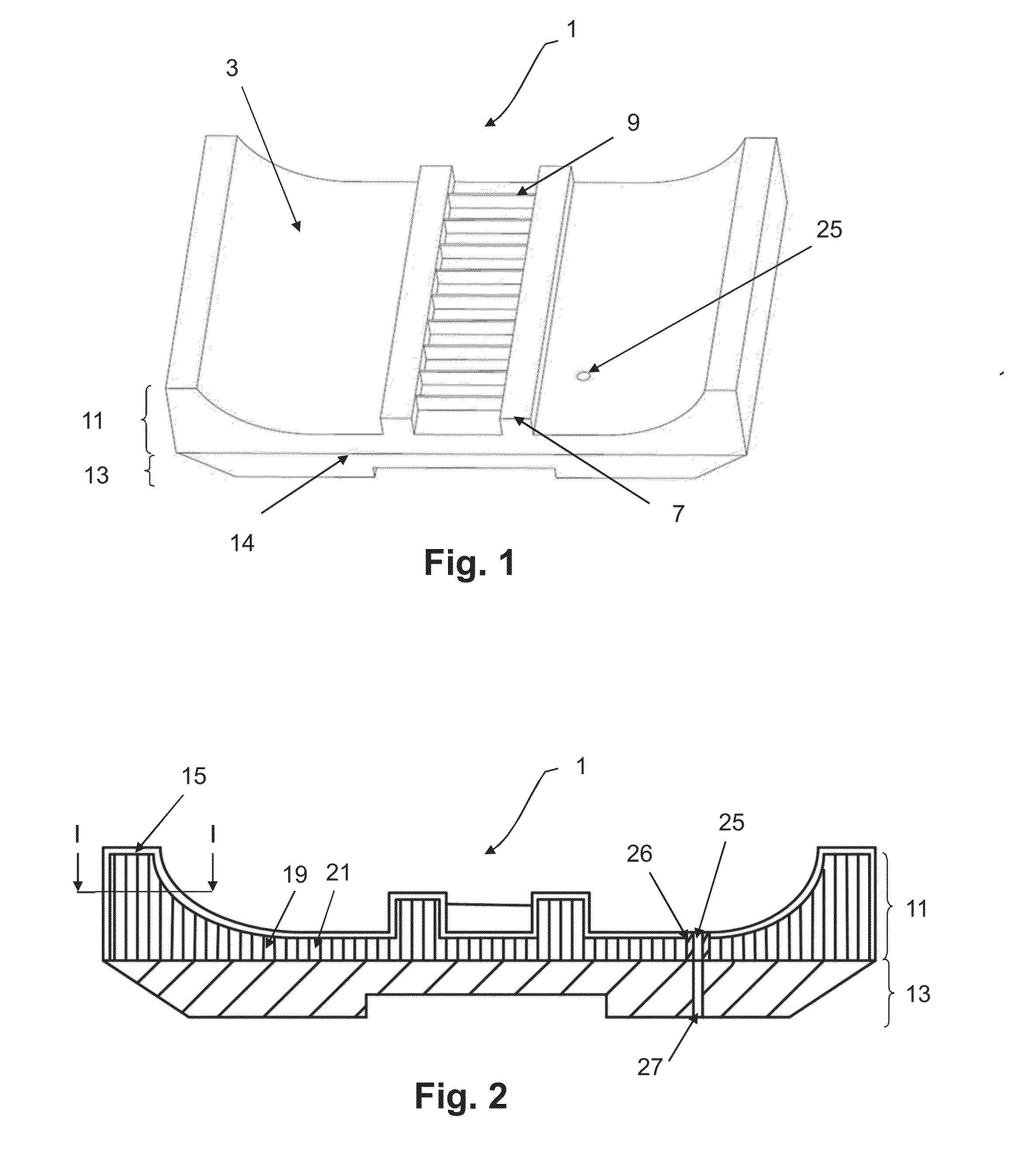 Method for manufacturing a molding element by fritting with a completely planar unfritted portion, and corresponding molding element