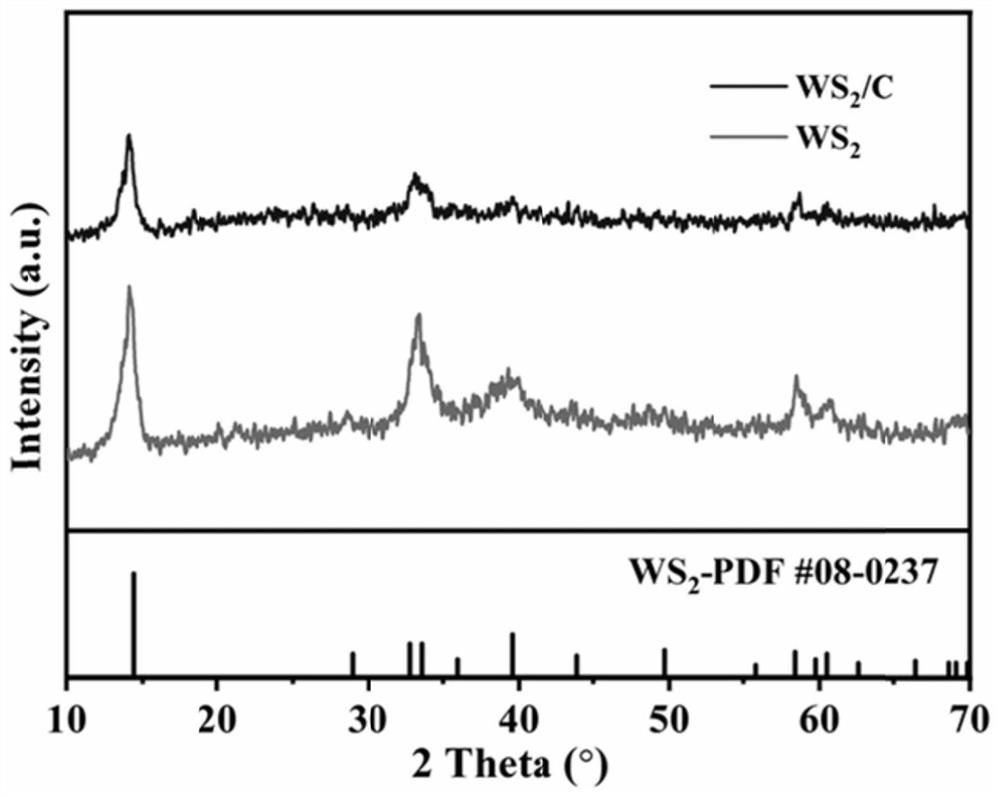 Three-dimensional hollow WS2/C composite electrode material and preparation method and application thereof