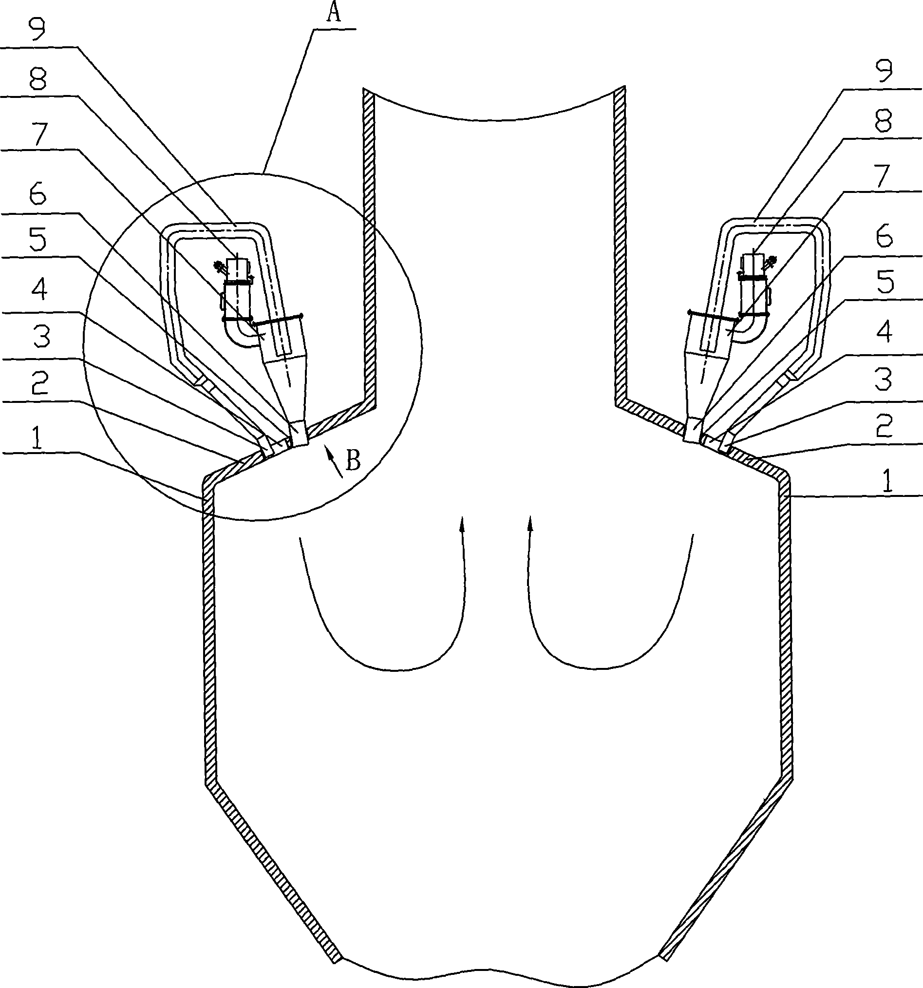 Combustion device with thin and thick breeze airflow stagger arrangement used for W-shaped flame furnace