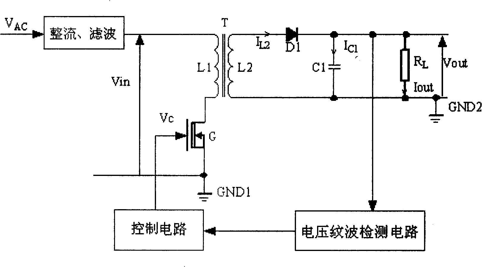 Current-stabilizing switch power source with voltage ripple detection circuit