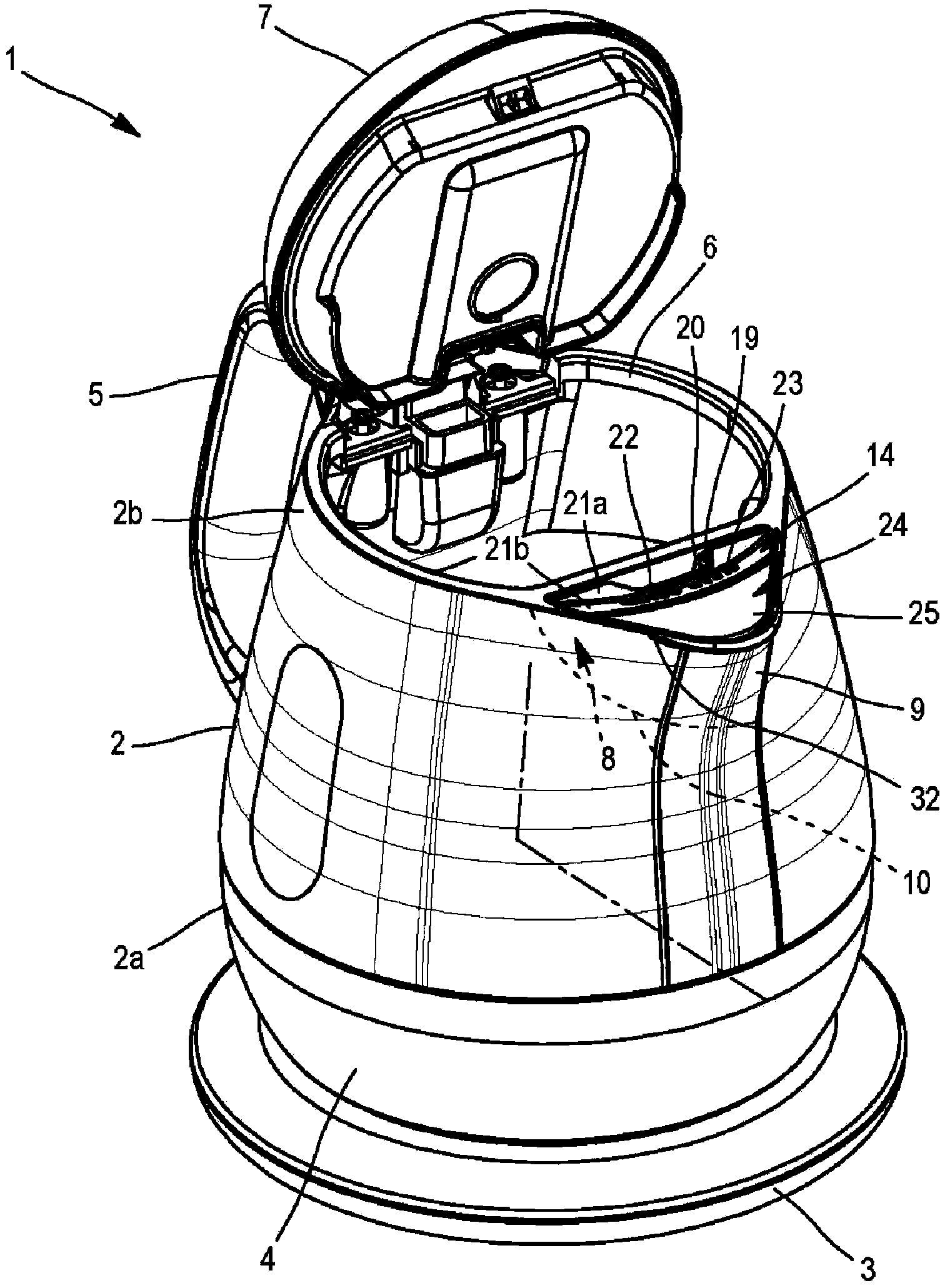 Kettle provided with a removable dust flap and filter assembly