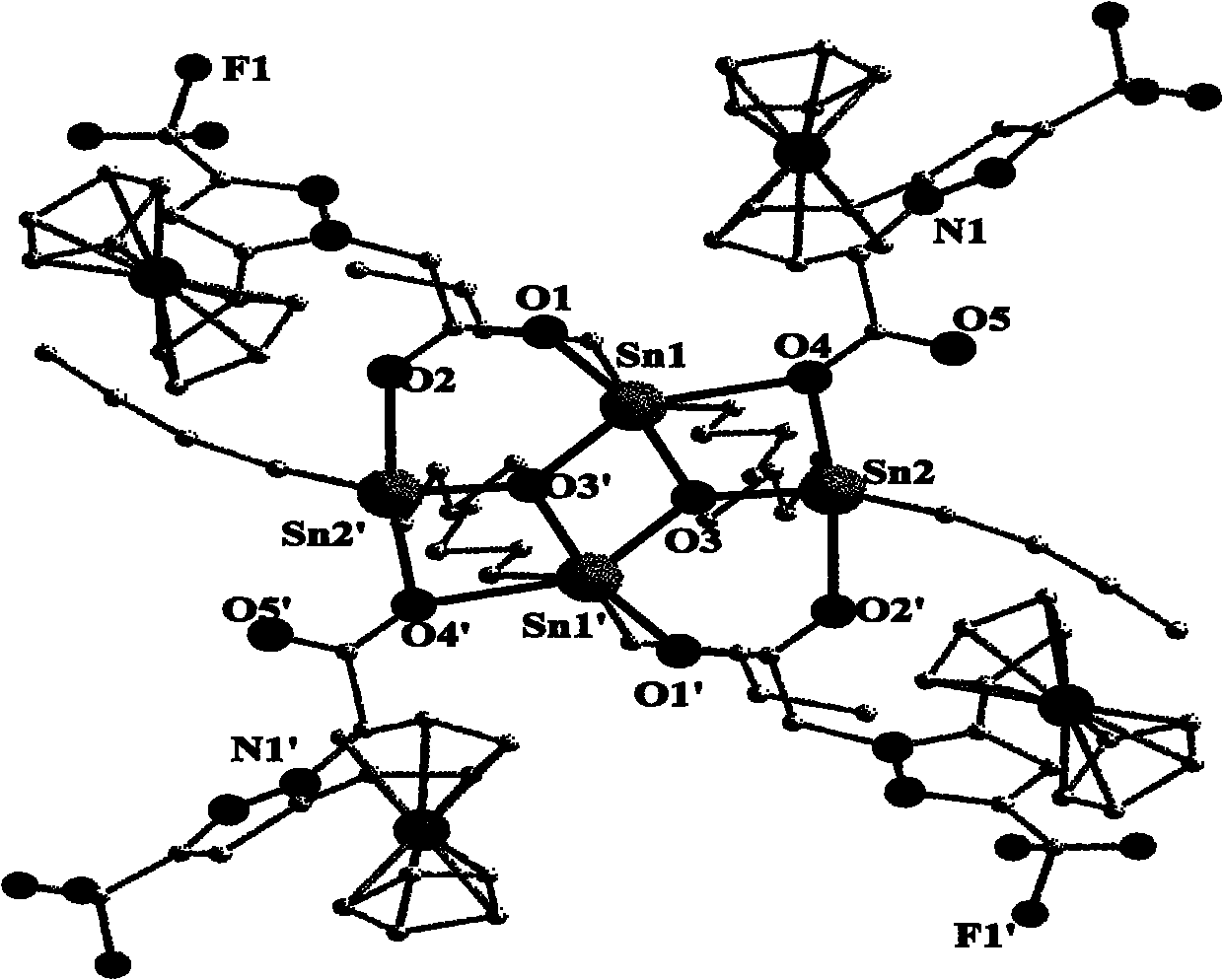 Organotin-oxygen cluster containing ferrocene pyrazole and application of cluster