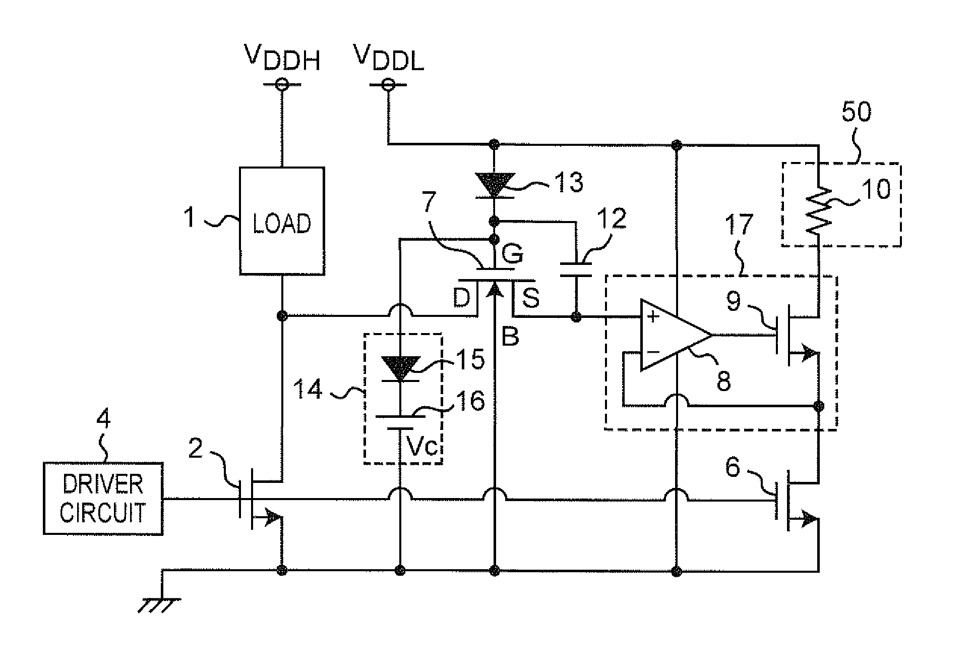 Current detection circuit including electrostatic capacitor and rectifying element for increasing gate voltage of protecting mosfet